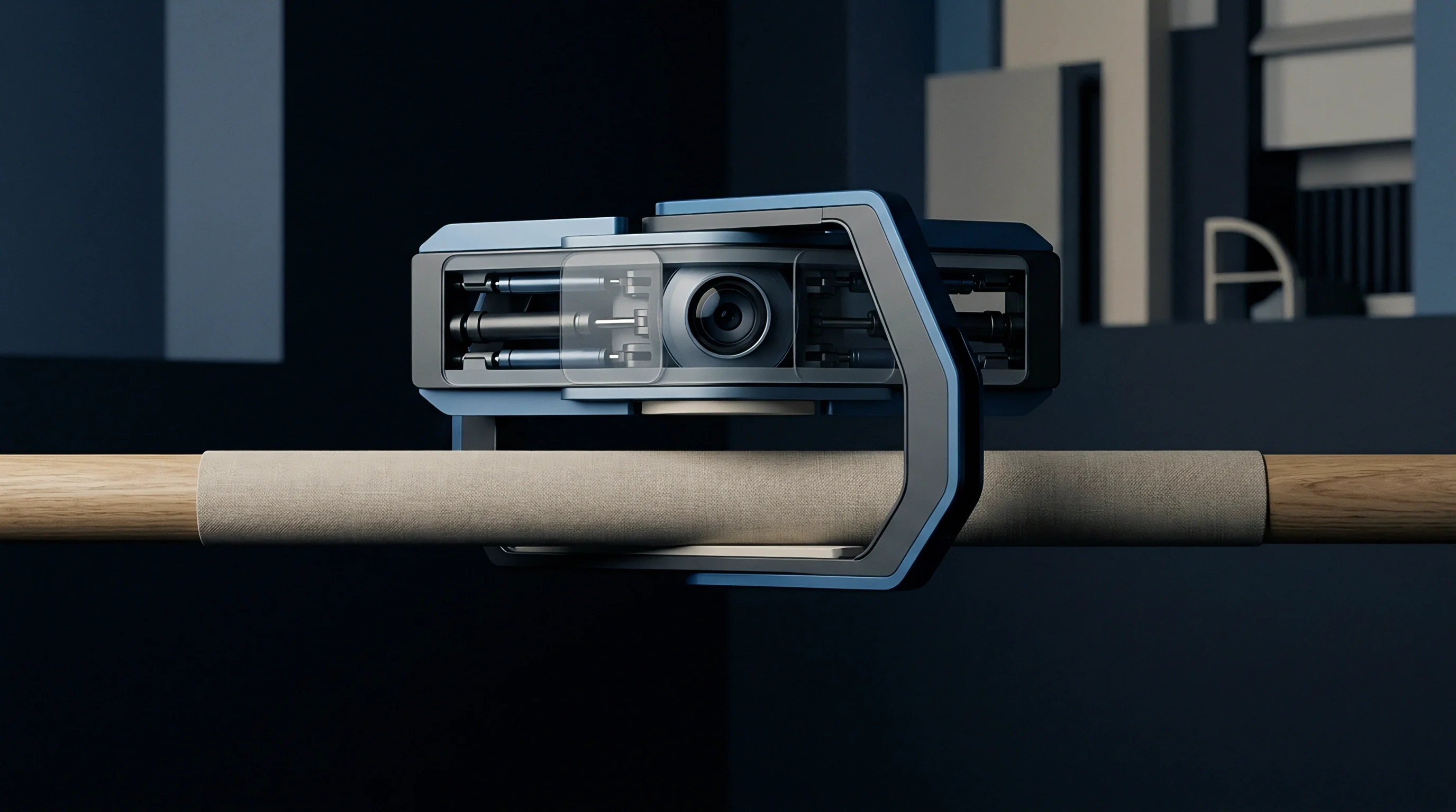 A digital render features a blue and black mechanical inspection device mounted on a textile wrapped wooden rail inside a dark studio setting.