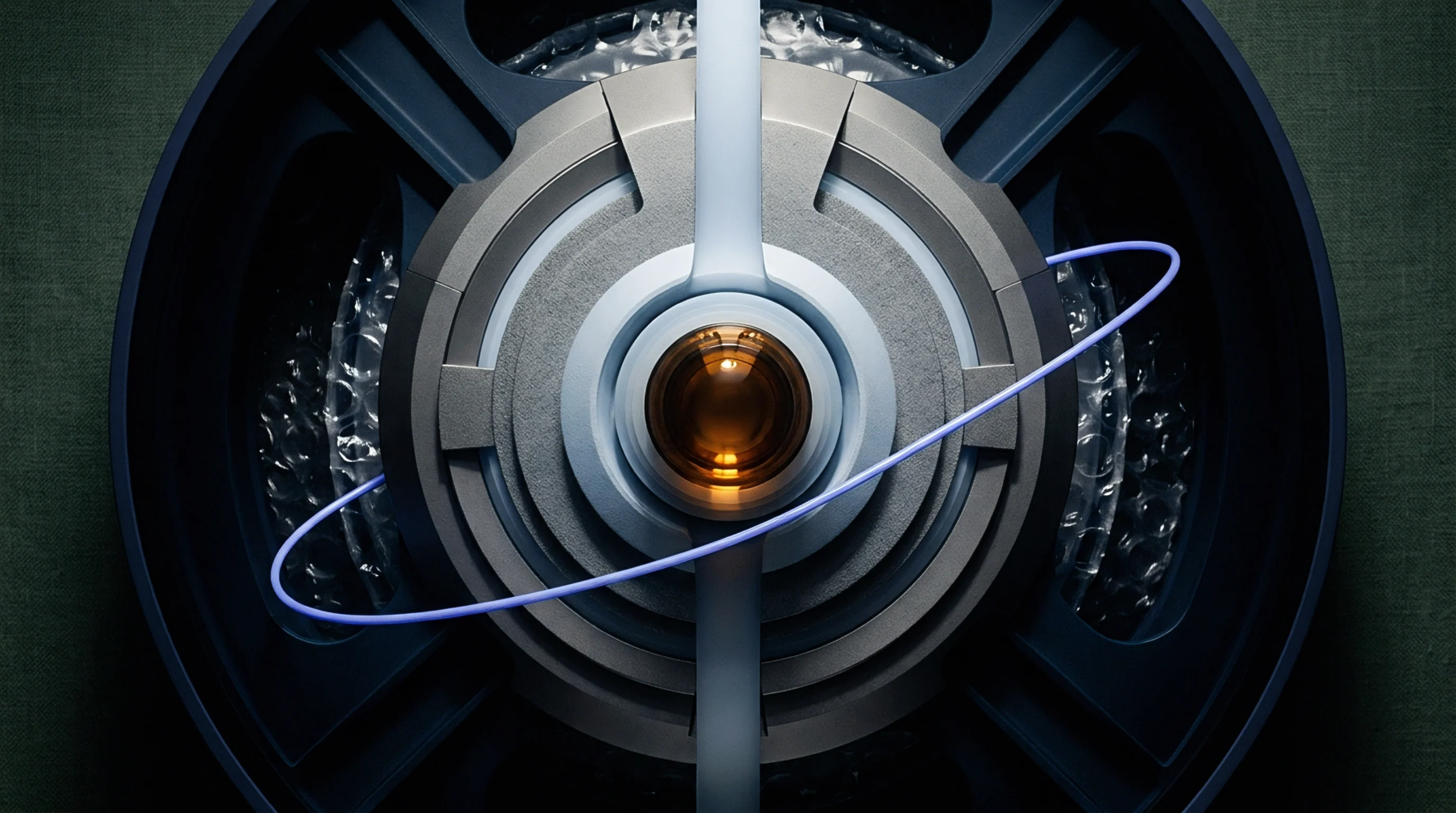 Digital render features a central amber core housed inside concentric metallic rings and vertical structural arms within a dark circular chassis.