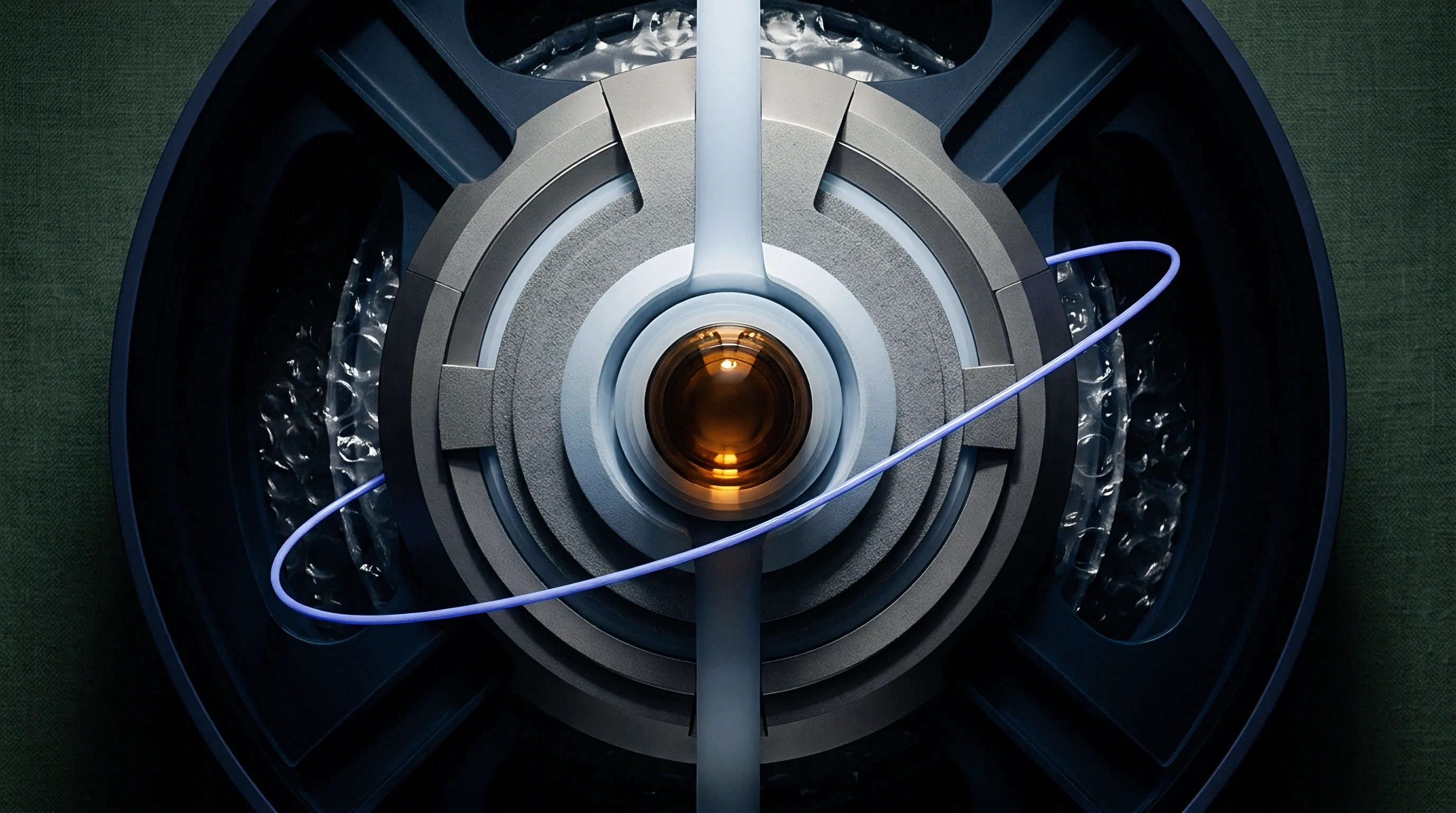 Digital render features a central amber core housed inside concentric metallic rings and vertical structural arms within a dark circular chassis.