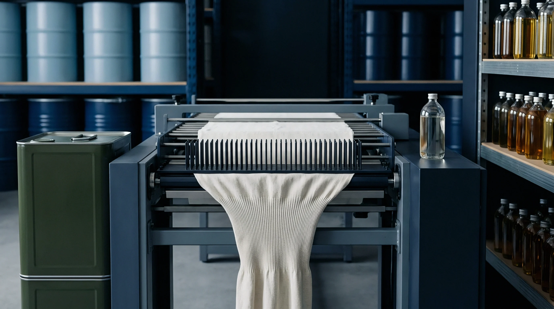 A white ribbed textile material is processed on automated machinery within an industrial production and storage setting.