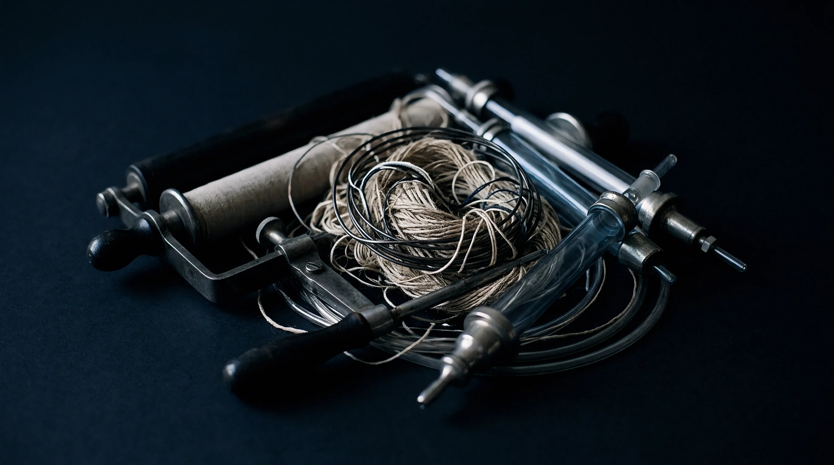 Antique metal laboratory instruments rest beside a wooden spool and tangled flax yarn on a dark surface.