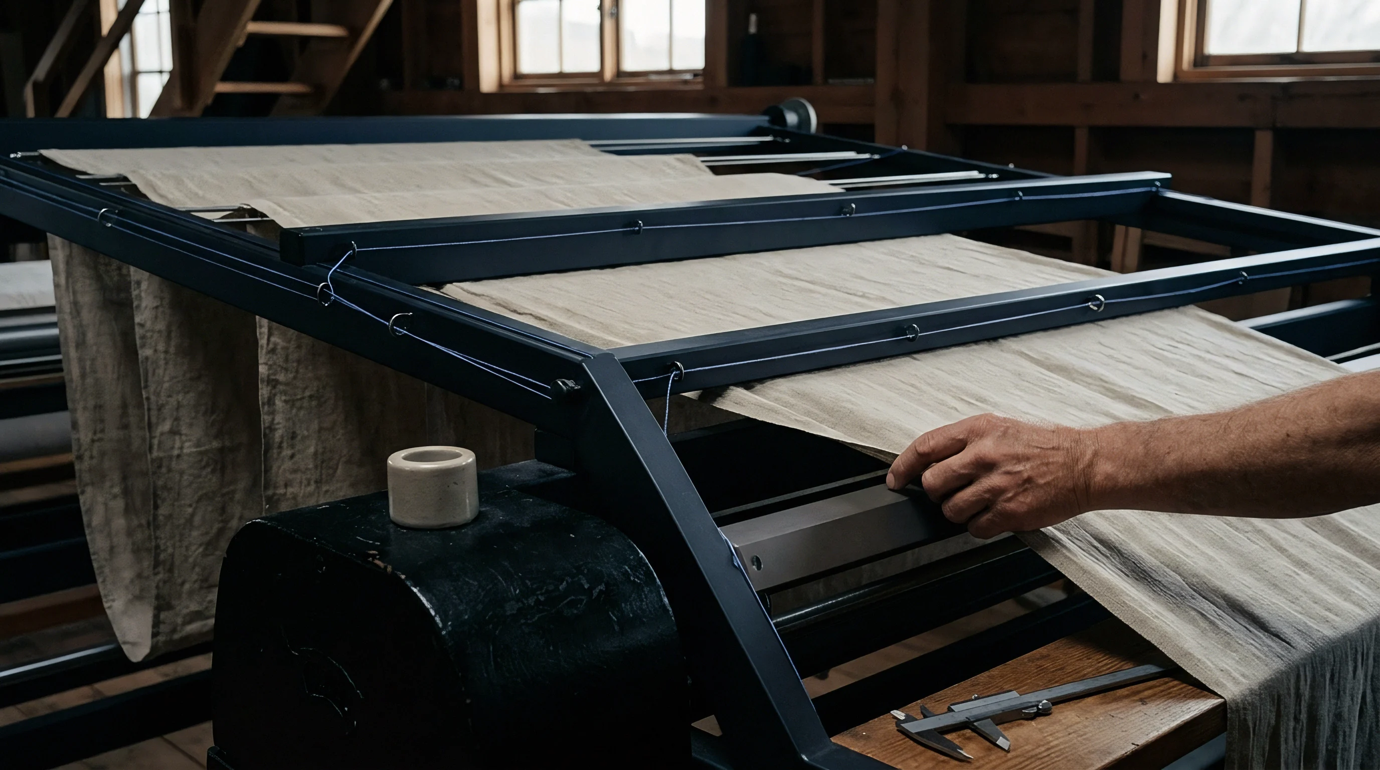 An artisan hand rests on natural woven linen fabric layered across a dark metal production frame inside a timber workshop.