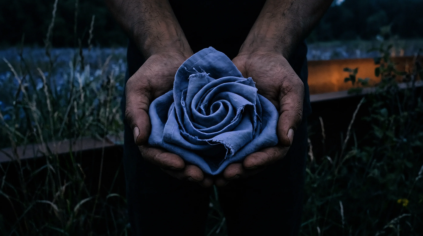 Weathered hands cup a folded blue linen textile shaped into a botanical blossom amidst an evening flax field.