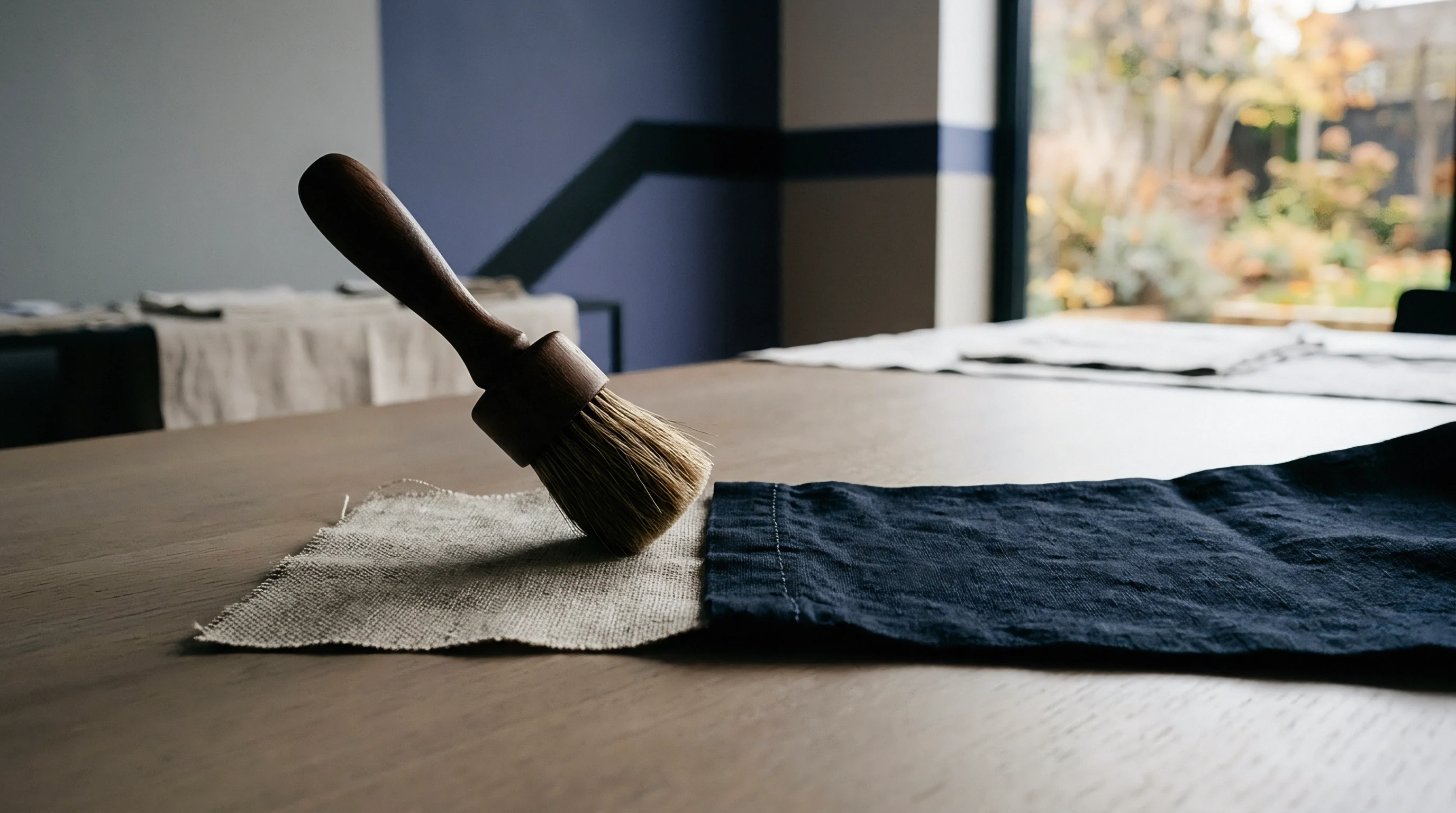 A wooden hand tool rests on a swatch of raw undyed linen beside a finished segment of dark blue woven fabric upon a wooden surface.
