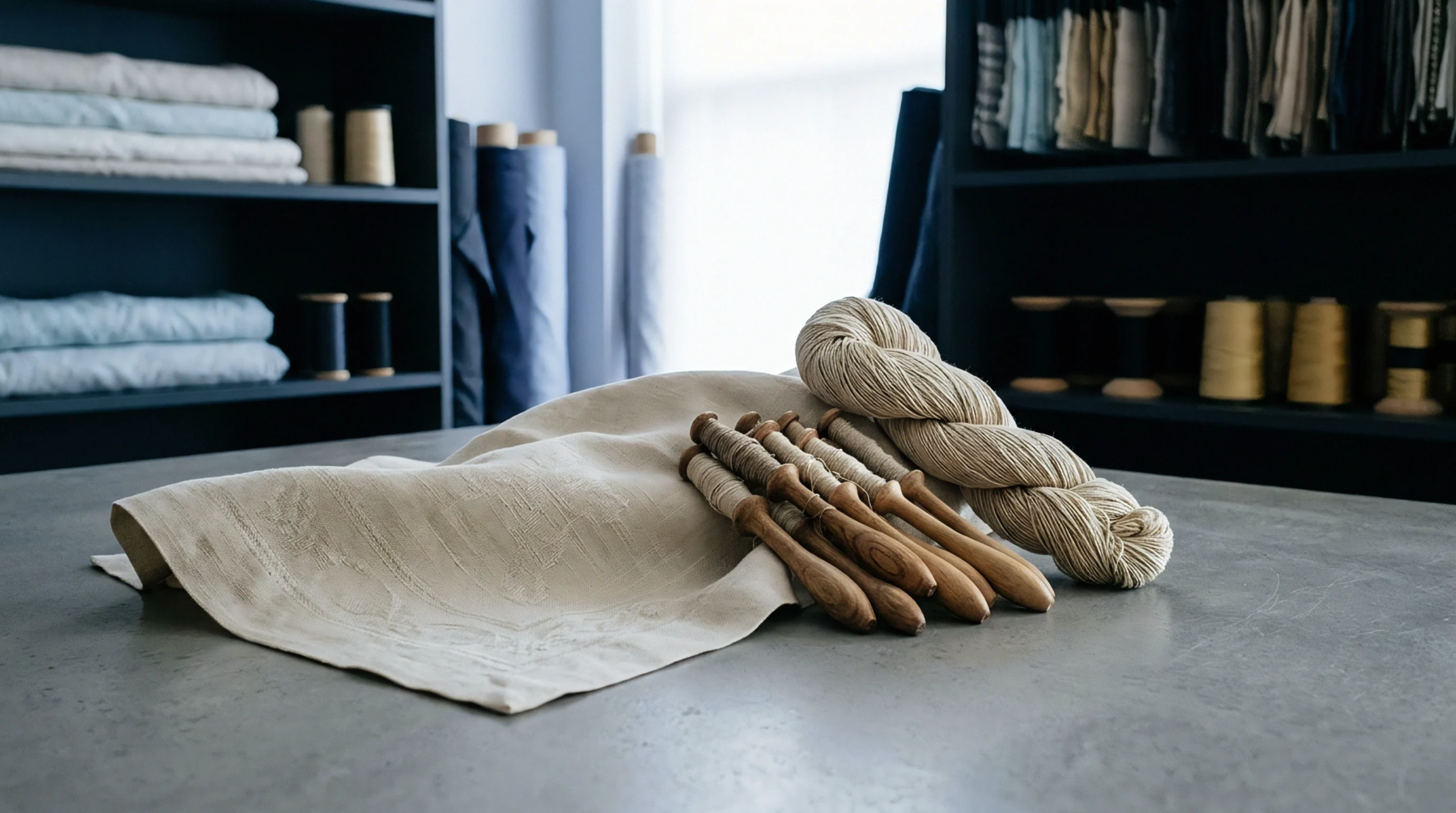 Handcrafted wooden spindles wound with flax yarn rest beside a folded undyed linen fabric on a concrete workshop table.