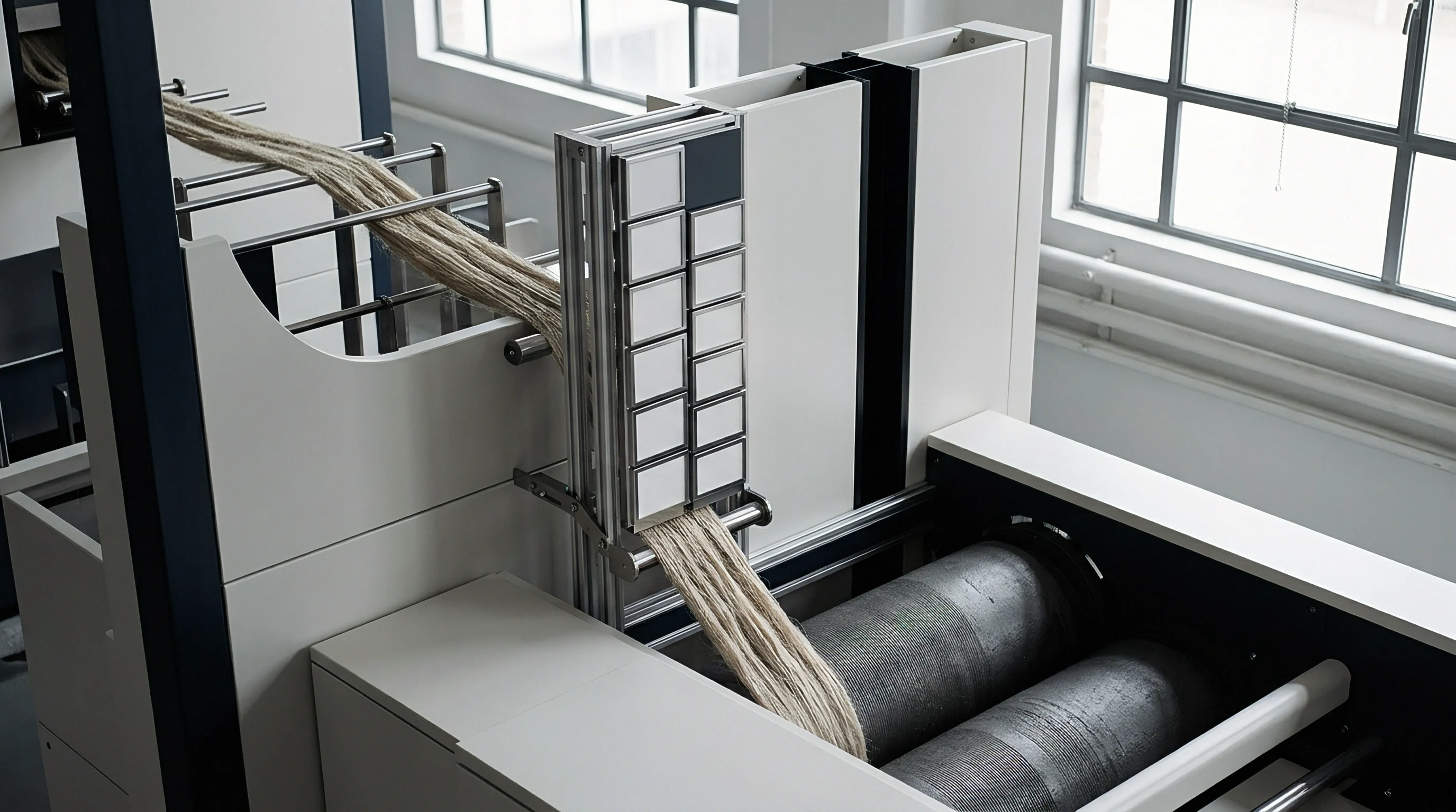 Thick bundles of raw flax fiber feed through automated silver and white spinning machinery within a bright industrial factory setting.