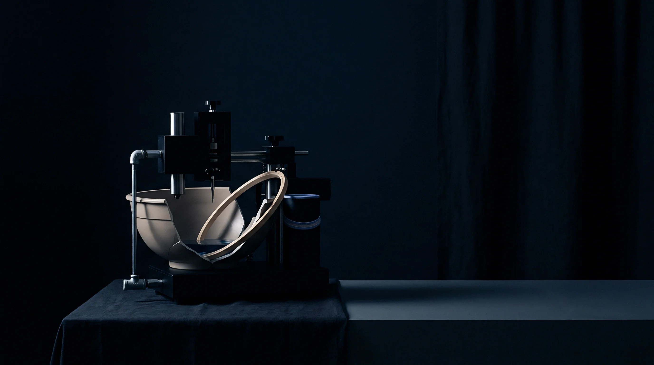 Precision machinery with metallic pipes and a wooden frame stands over a fragmented ceramic vessel on a dark draped table.