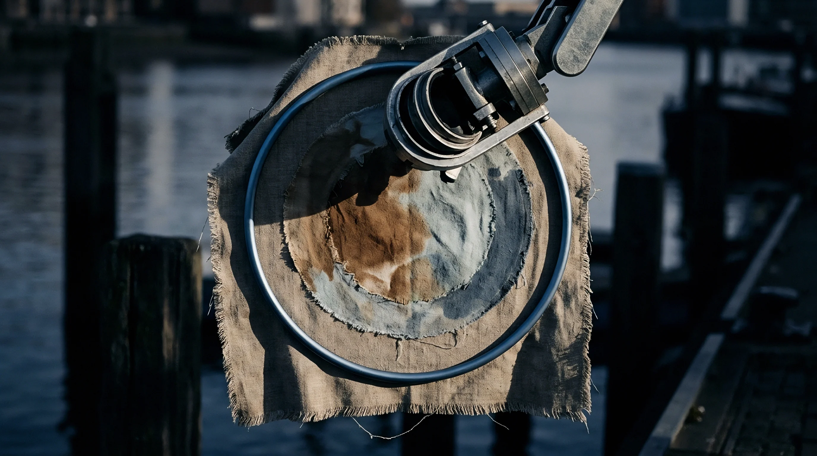 A mechanical testing clamp secures a circular frame holding a weathered woven linen cloth outdoors near wooden dock pilings.