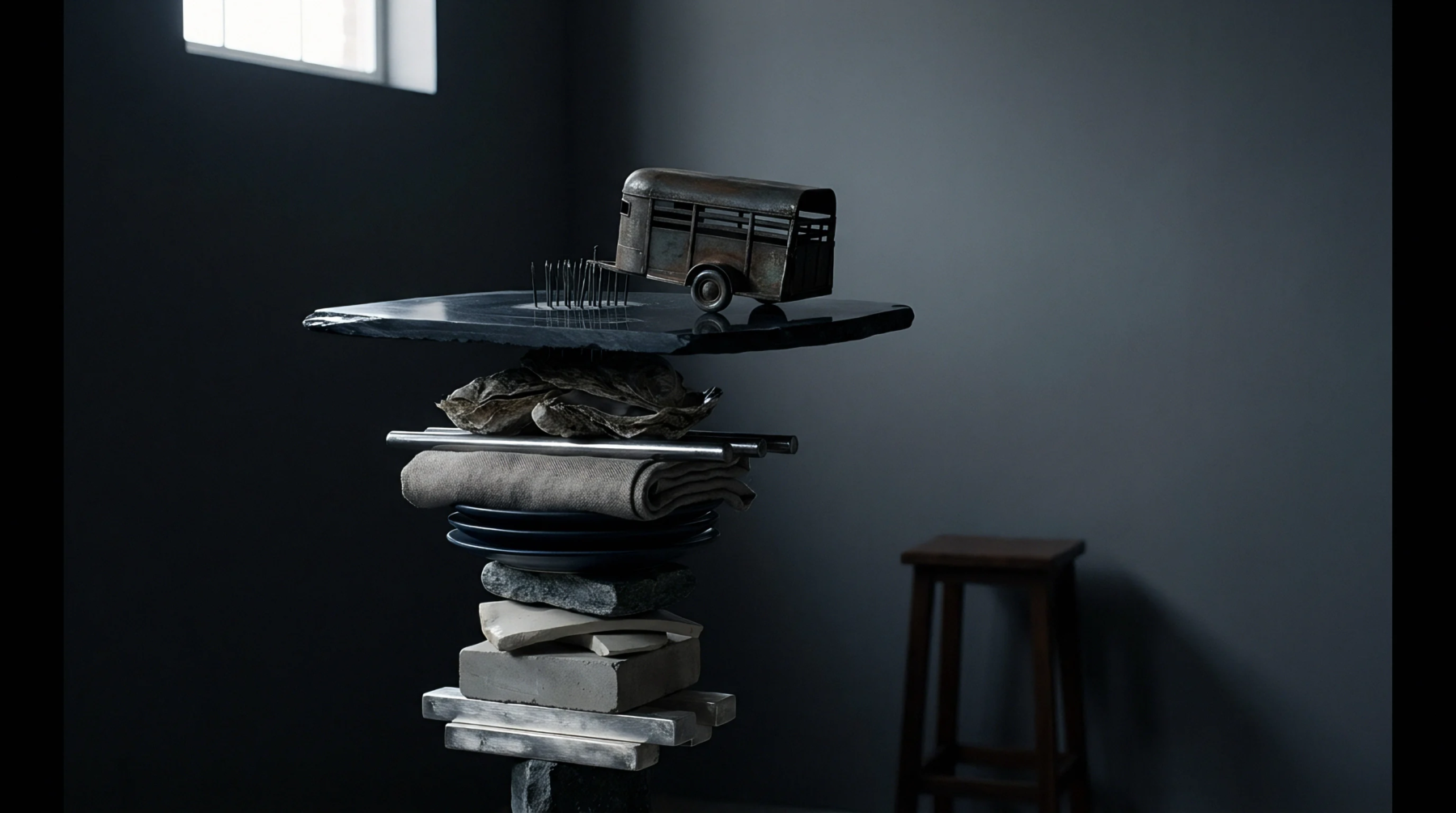 Folded grey woven cloth sits beneath stone slabs and a metal toy truck atop a dark grey studio table.