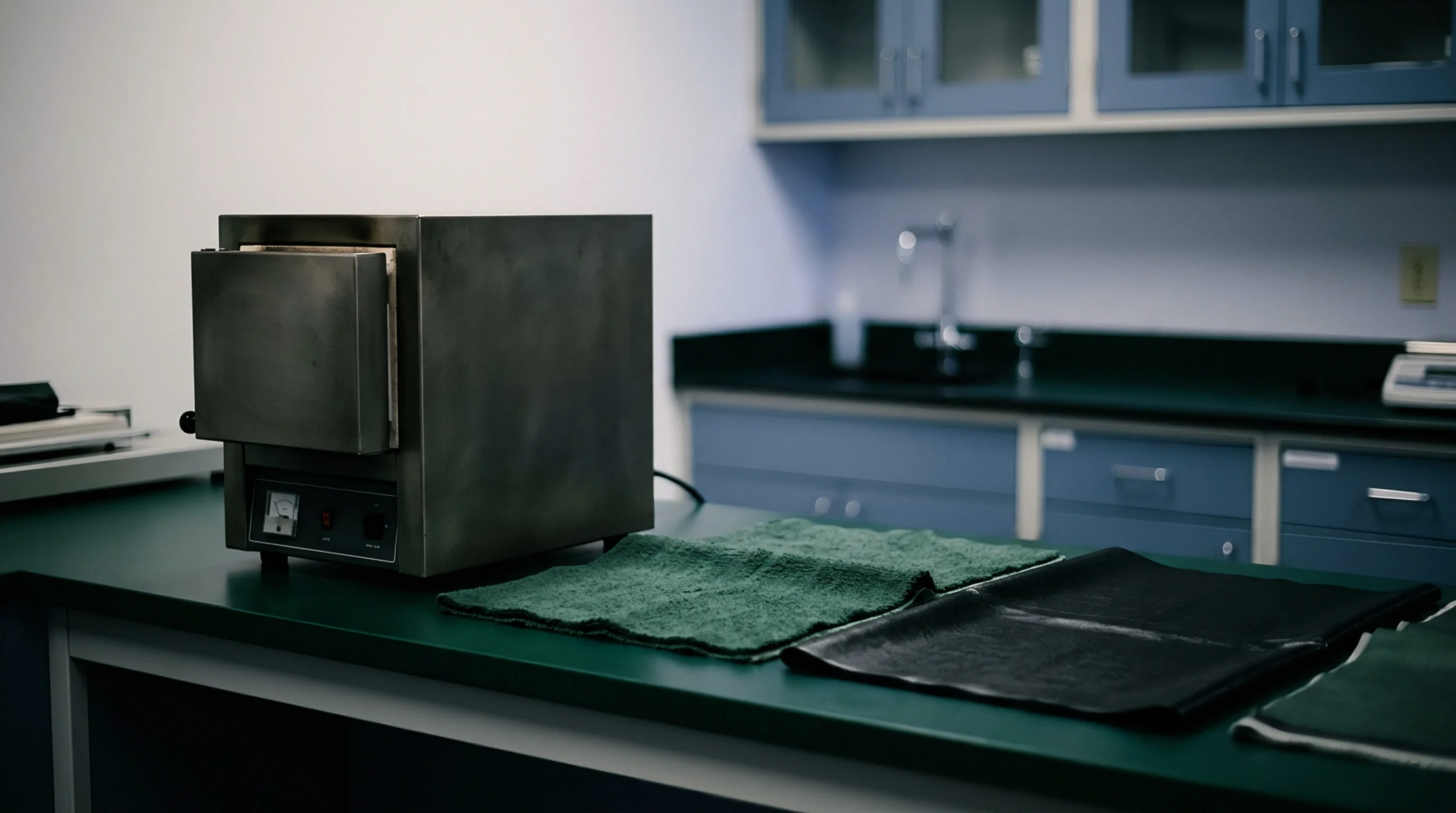 A benchtop muffle furnace and flat woven textile samples rest on a green laboratory workbench inside a testing facility.