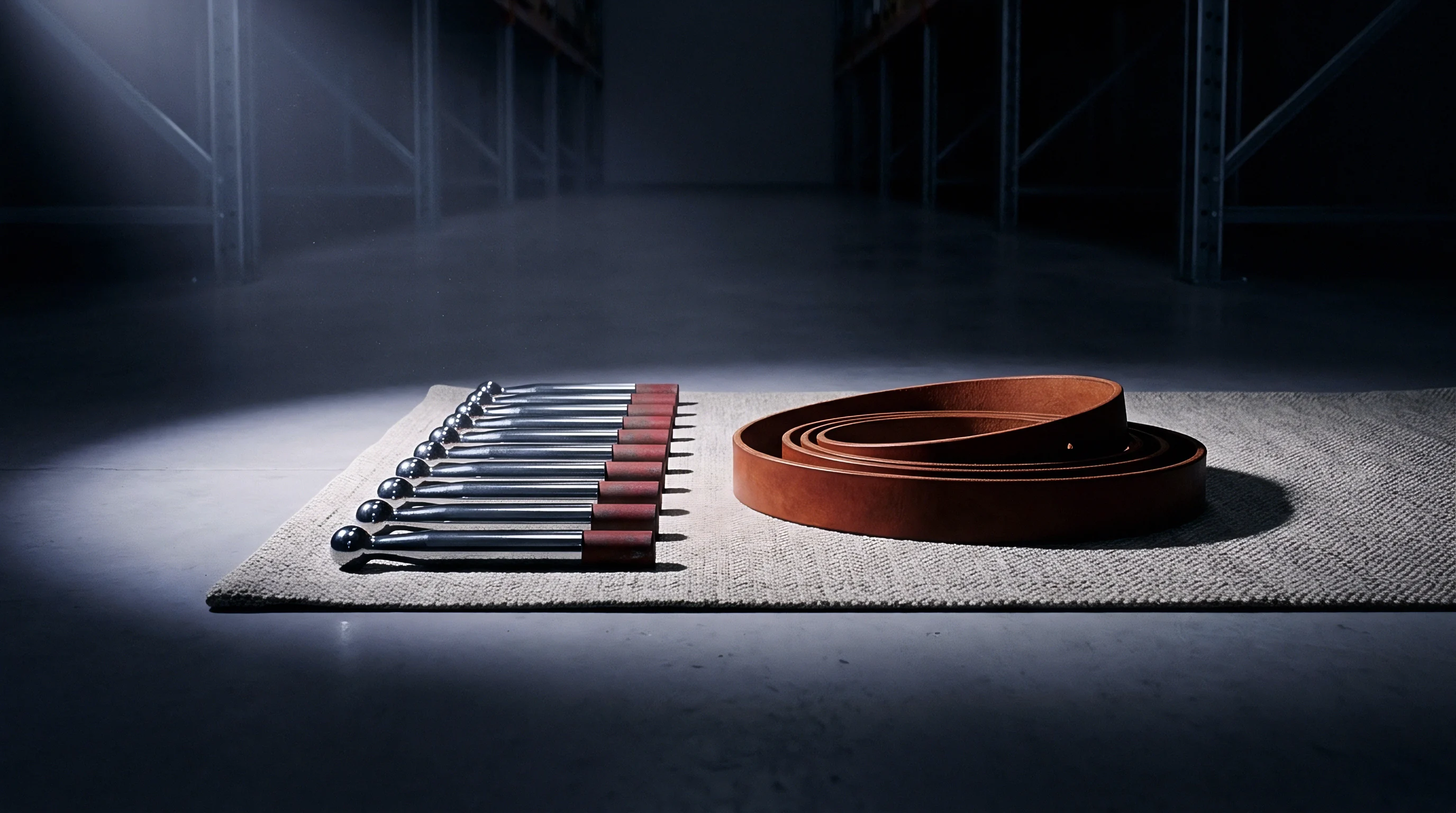 Twelve metal spindles with spherical heads and brown grips lie beside a rolled tan strap on a textured rectangular grey mat.