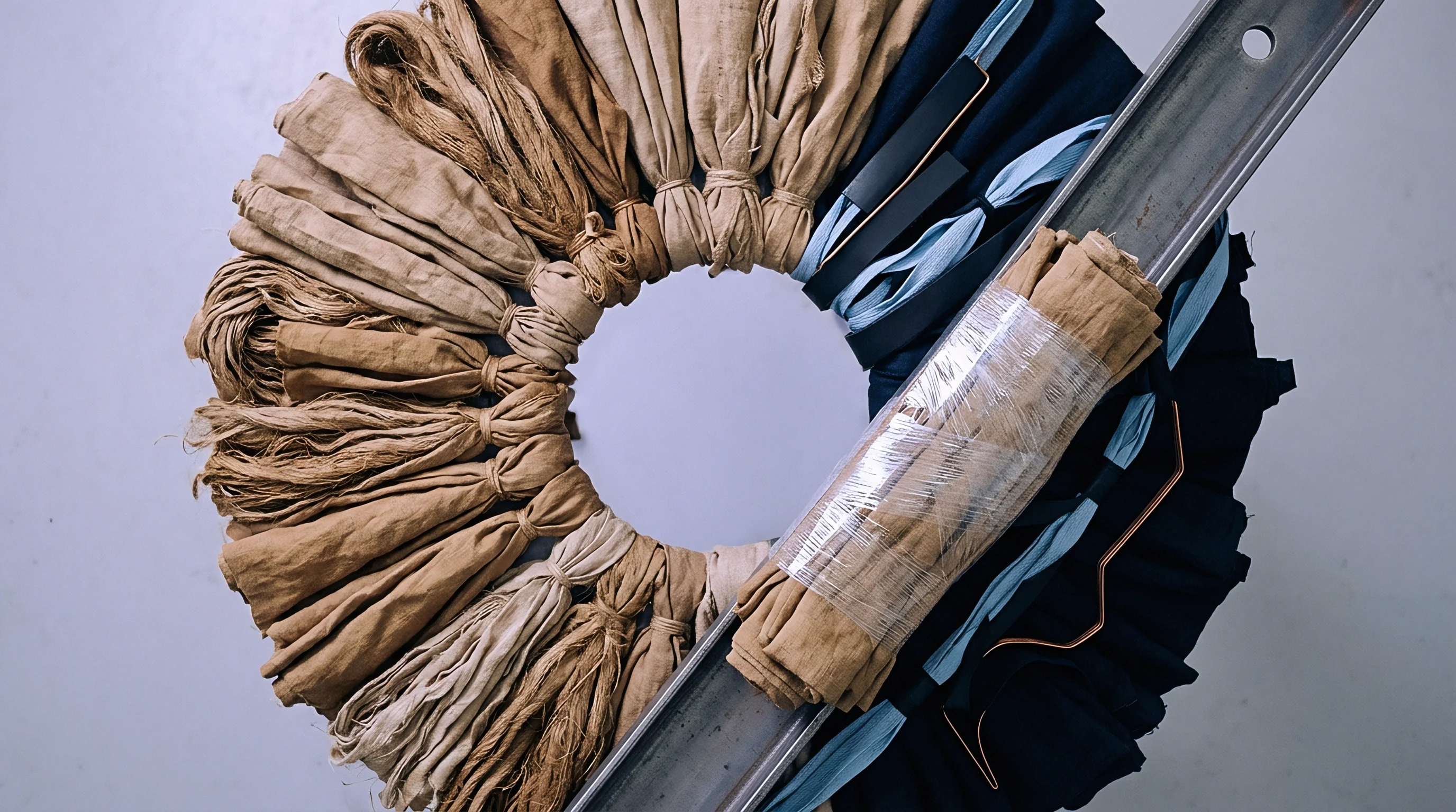 Natural unbleached flax hanks and dyed blue yarn bundles are mounted in a circular mechanical assembly for spinning preparation.