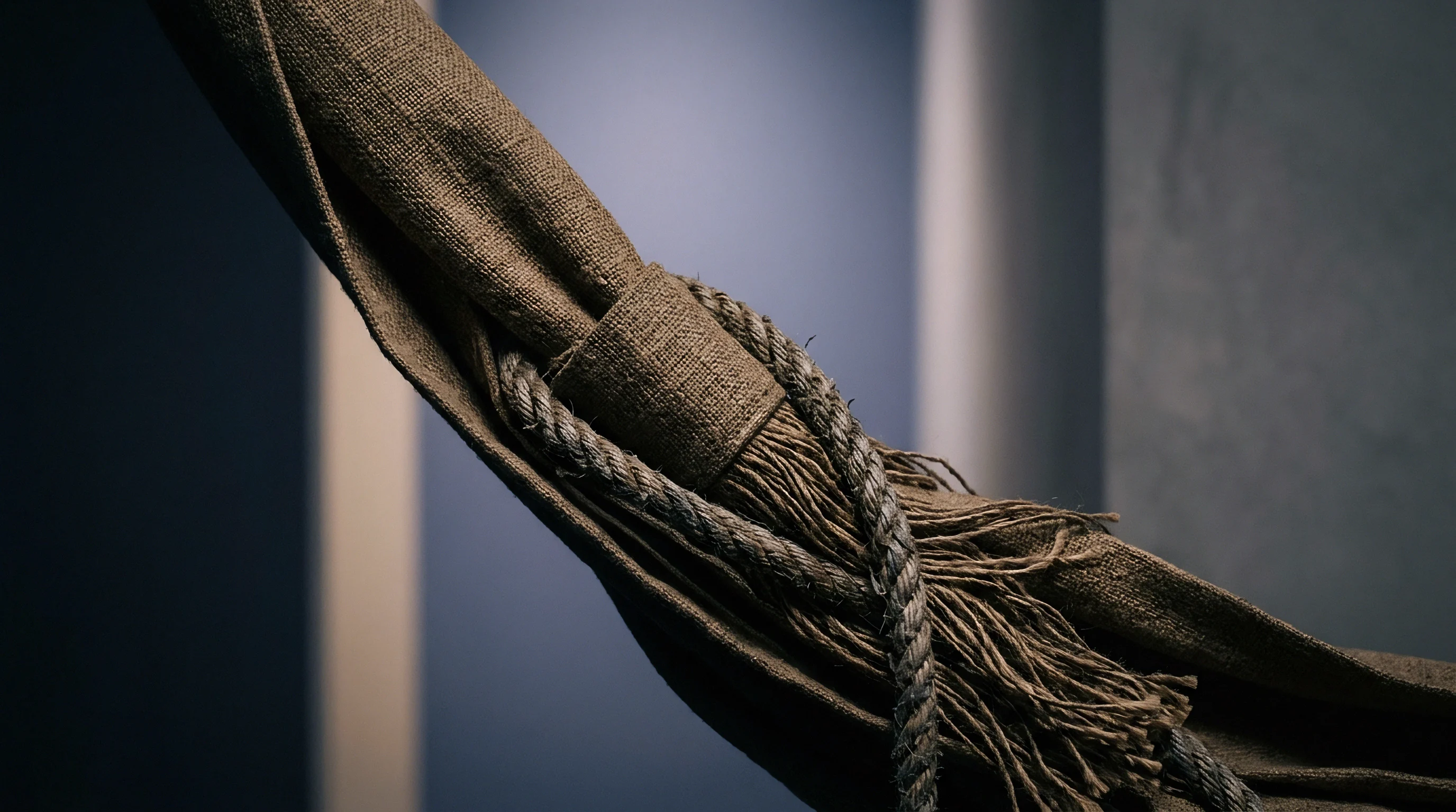 Coarse woven linen fabric bundles are gathered tightly and fastened with twisted plant fiber rope inside a textile workshop.