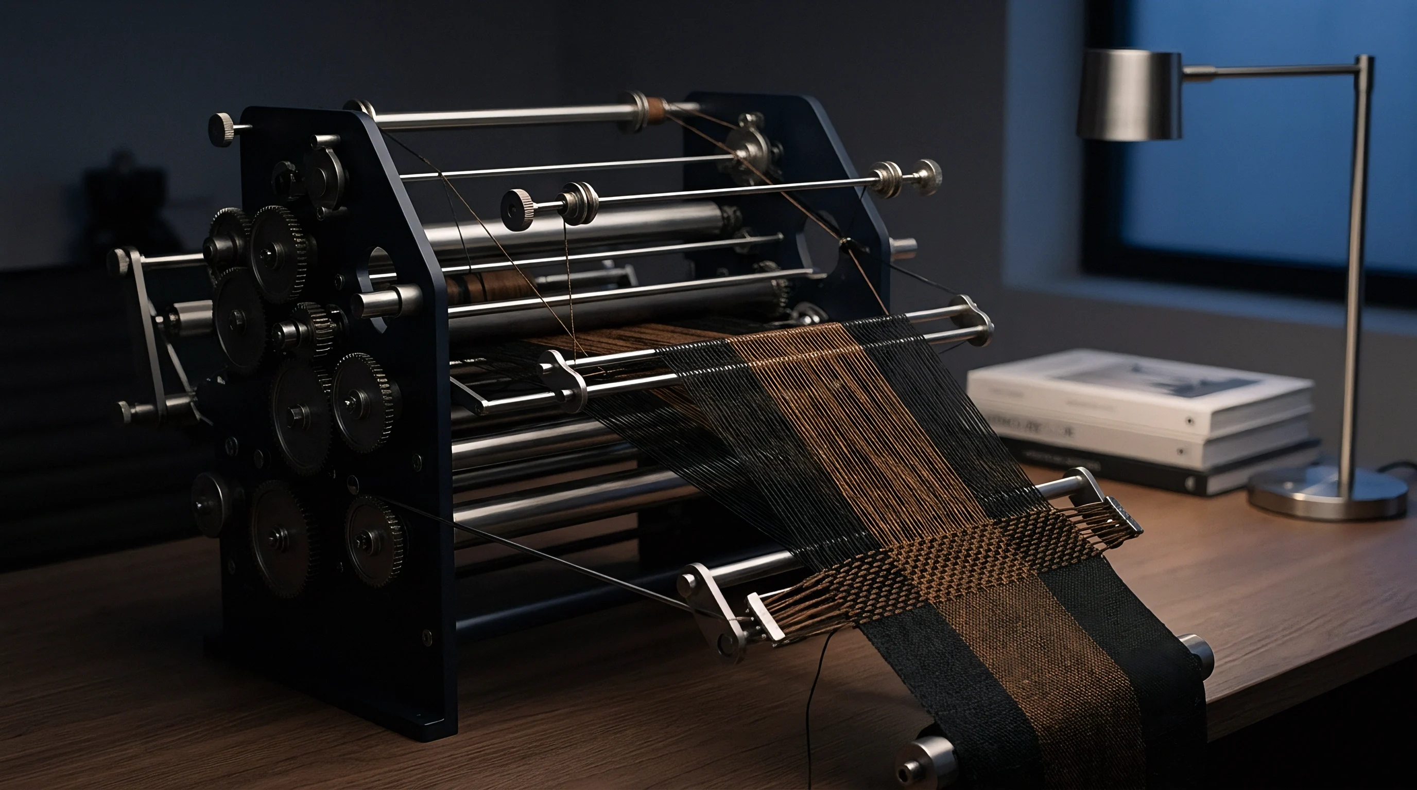A compact mechanical loom constructs a striped textile specimen on a dark wooden desk beside a reading lamp and stacked books.