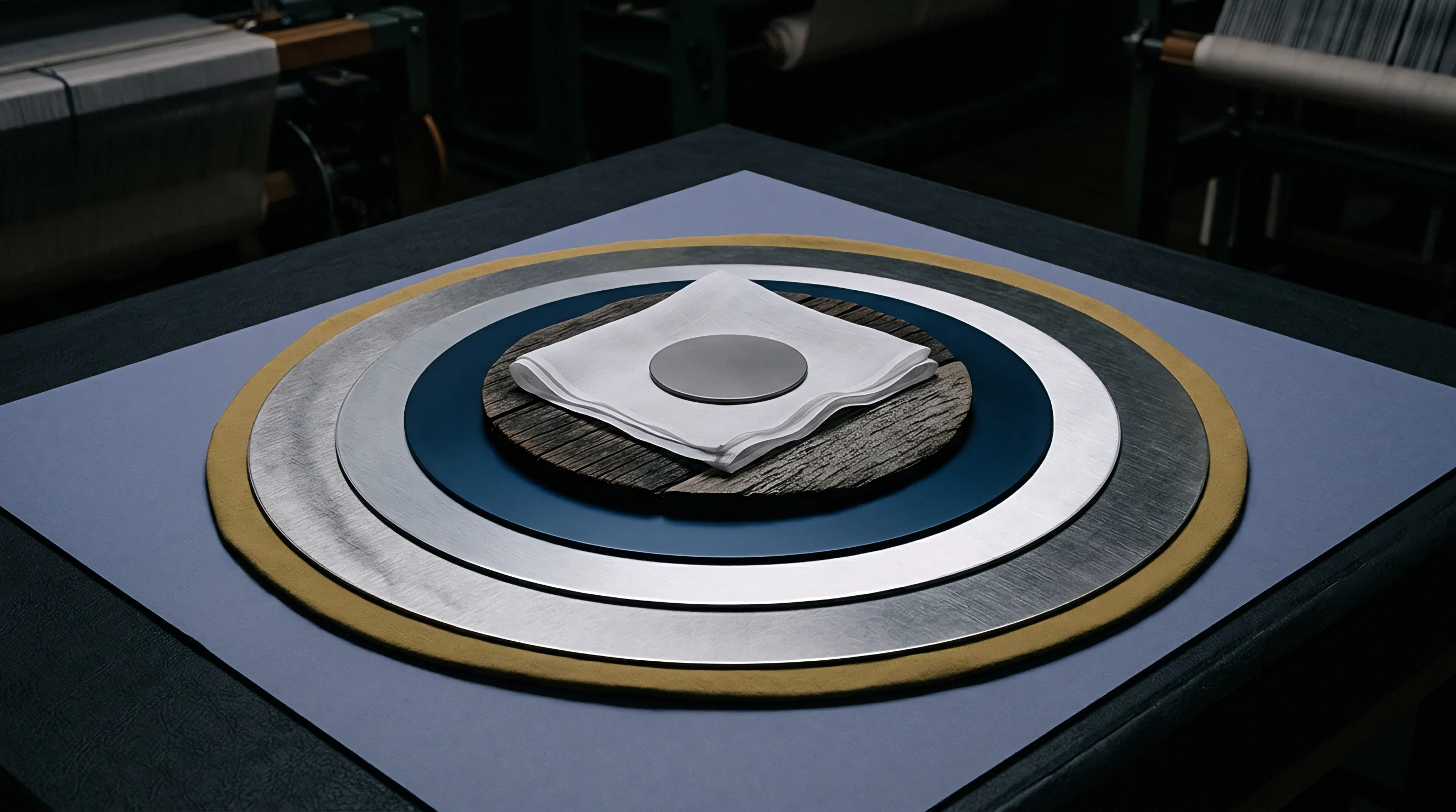 Concentric rings of yellow felt and polished steel and textured wood surround white cotton fabric resting on a blue surface inside a manufacturing facility.
