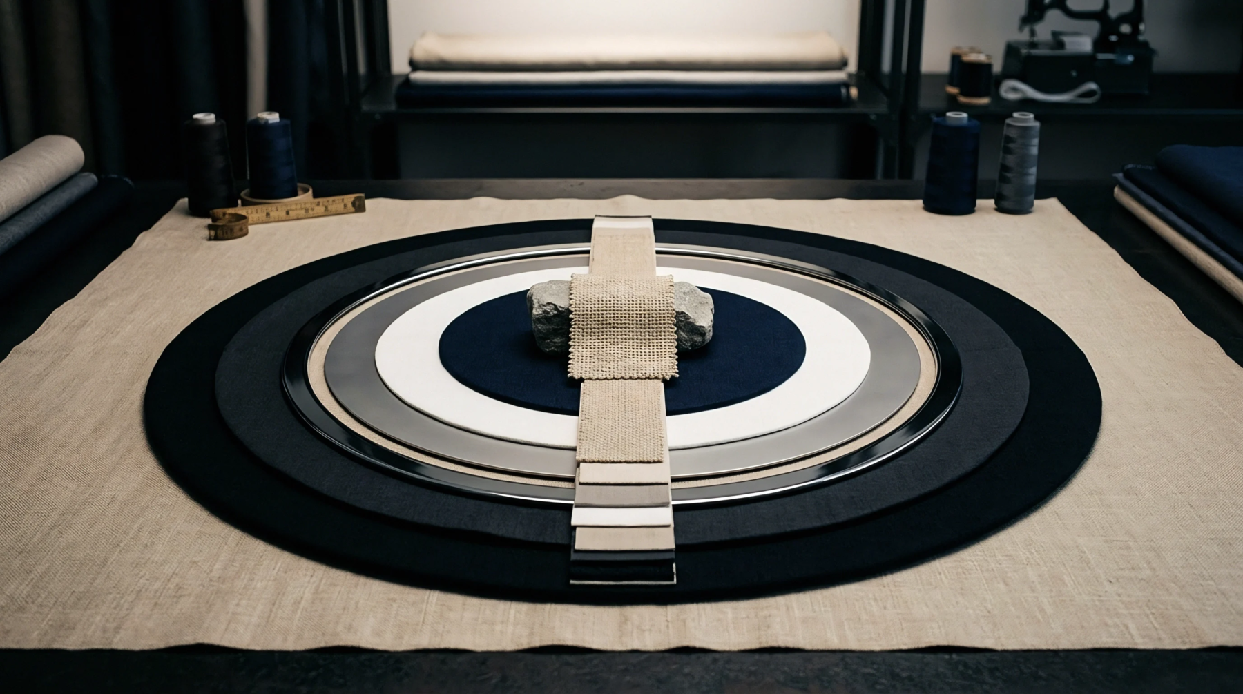 Concentric circles of dark woven fabrics and neutral textile swatches are arranged on a raw linen background beneath spools of thread.