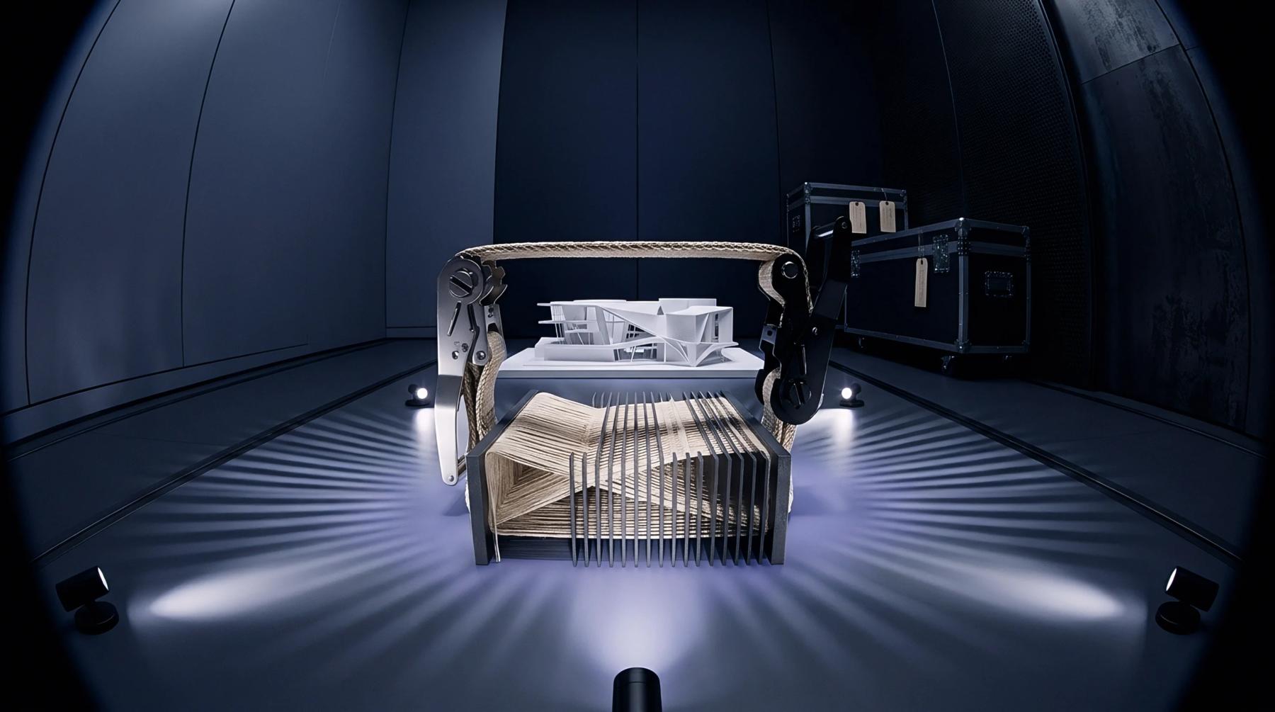 A conceptual illustration features a mechanical device transforming raw braided flax fibre into structured flat elements.