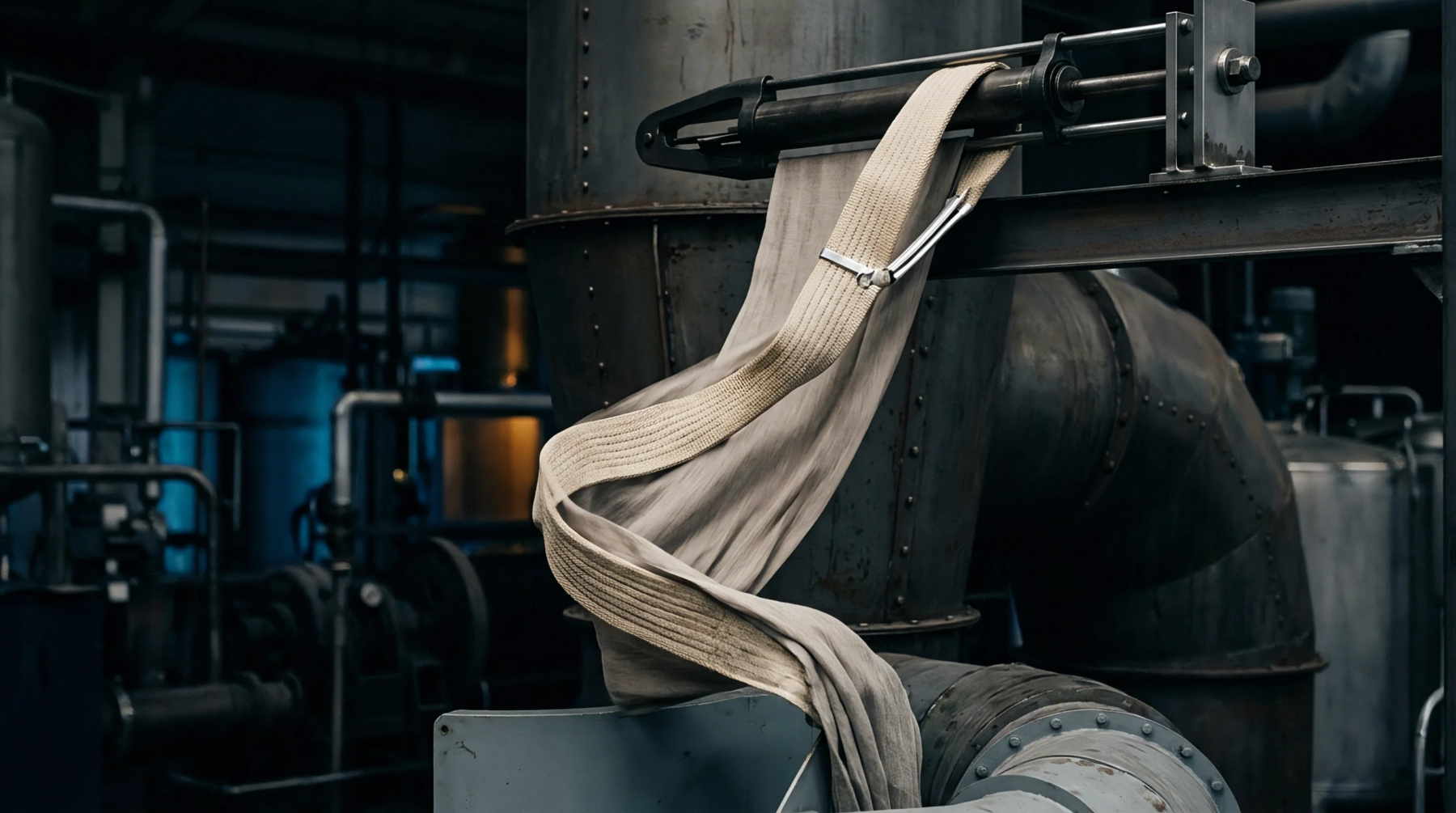 Heavy textile rope feeds through a metal guide roller atop a commercial industrial dyeing machine inside a dark factory.