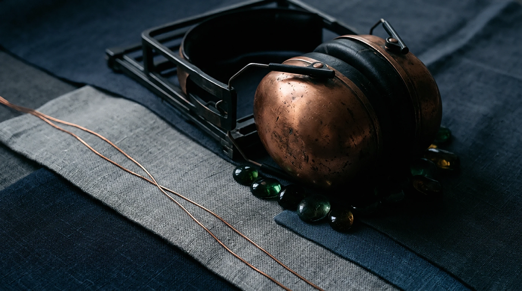 Copper earmuffs rest on a dark industrial frame atop layered blue and natural flax textiles with copper filaments marking the alignment of production.