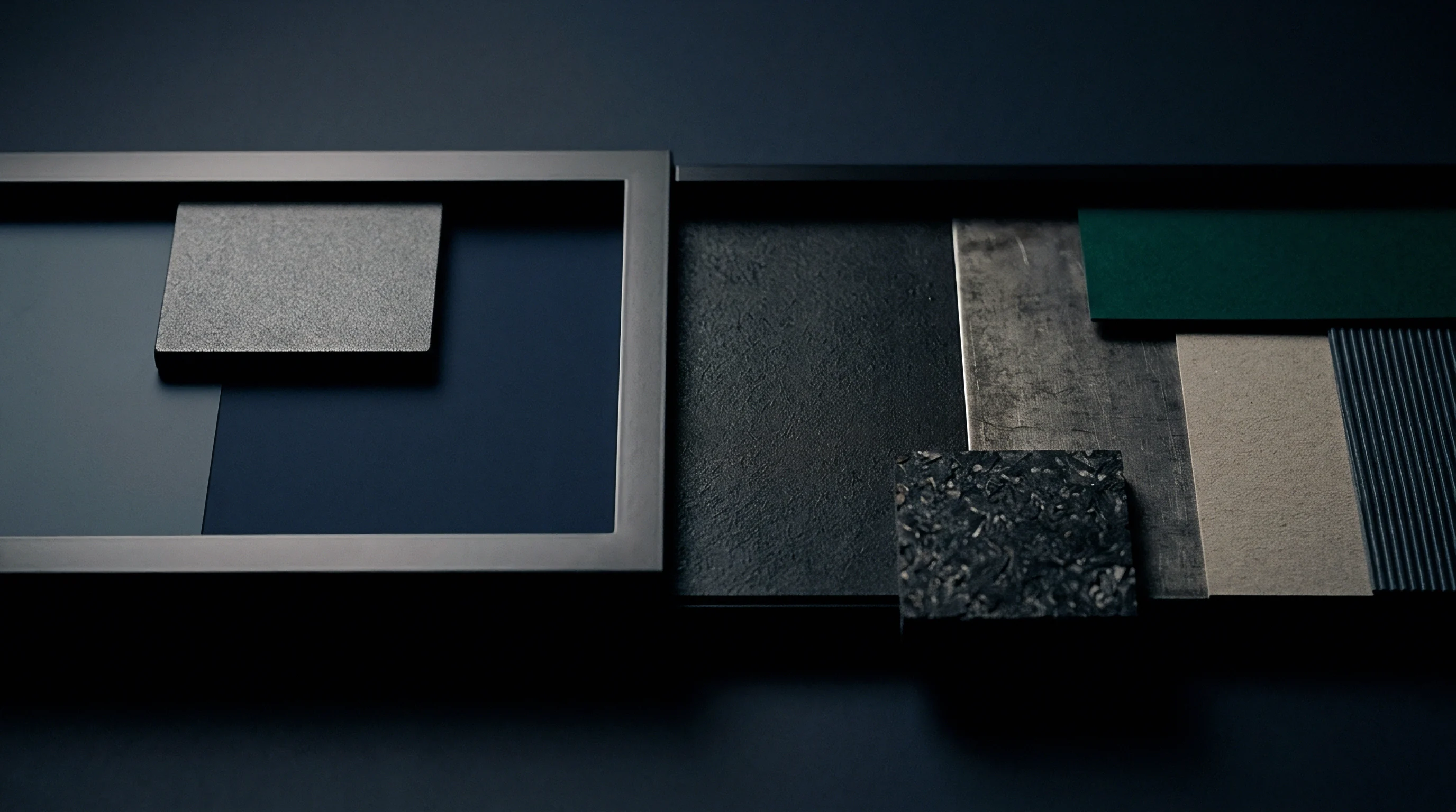 A flat lay displays a collection of rectangular material samples in muted dark tones including textured grey, deep blue, dark green, and a natural fiber swatch.