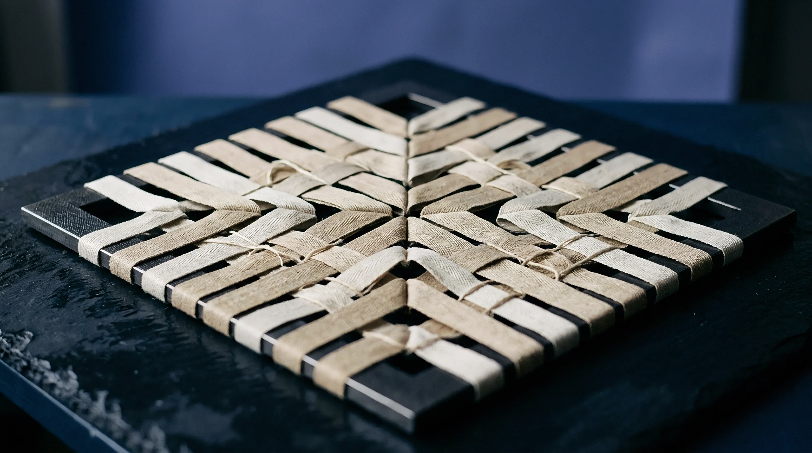 Interlocking natural flax tape strips form a geometric weave across a dark square frame resting on a textured slate surface.