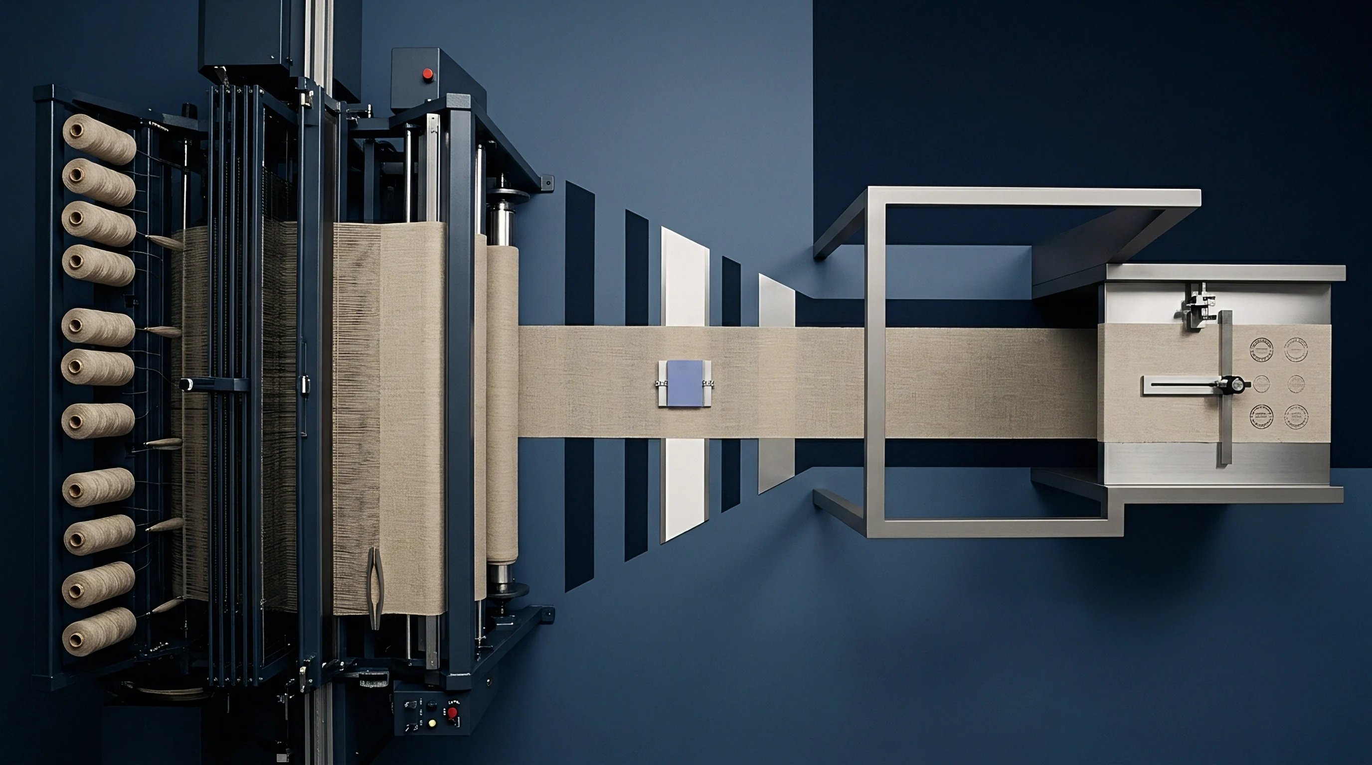 Natural flax yarn unwinds from vertical creels into a woven textile web moving horizontally across a solid blue production backdrop.