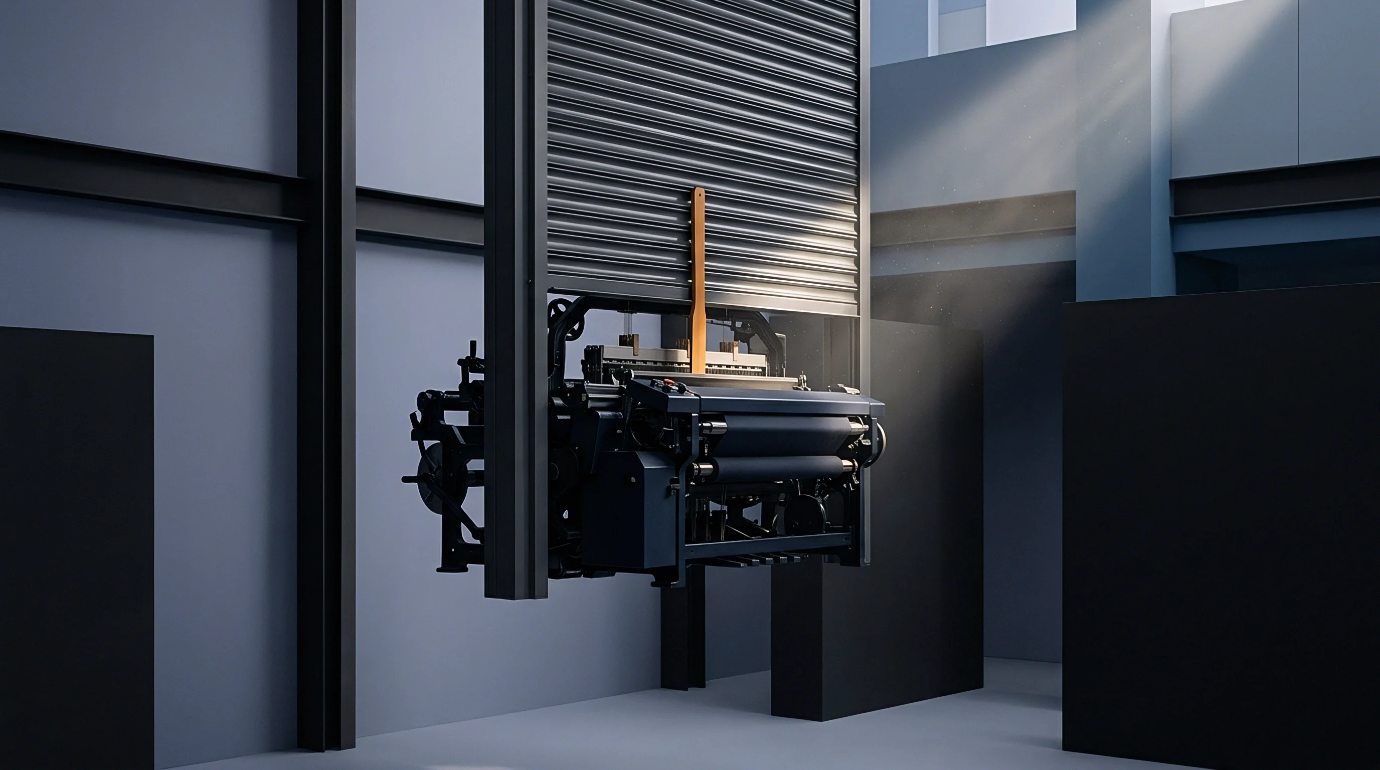 A digital architectural graphic displays an industrial weaving loom suspended between vertical structural elements inside a grey manufacturing hall.