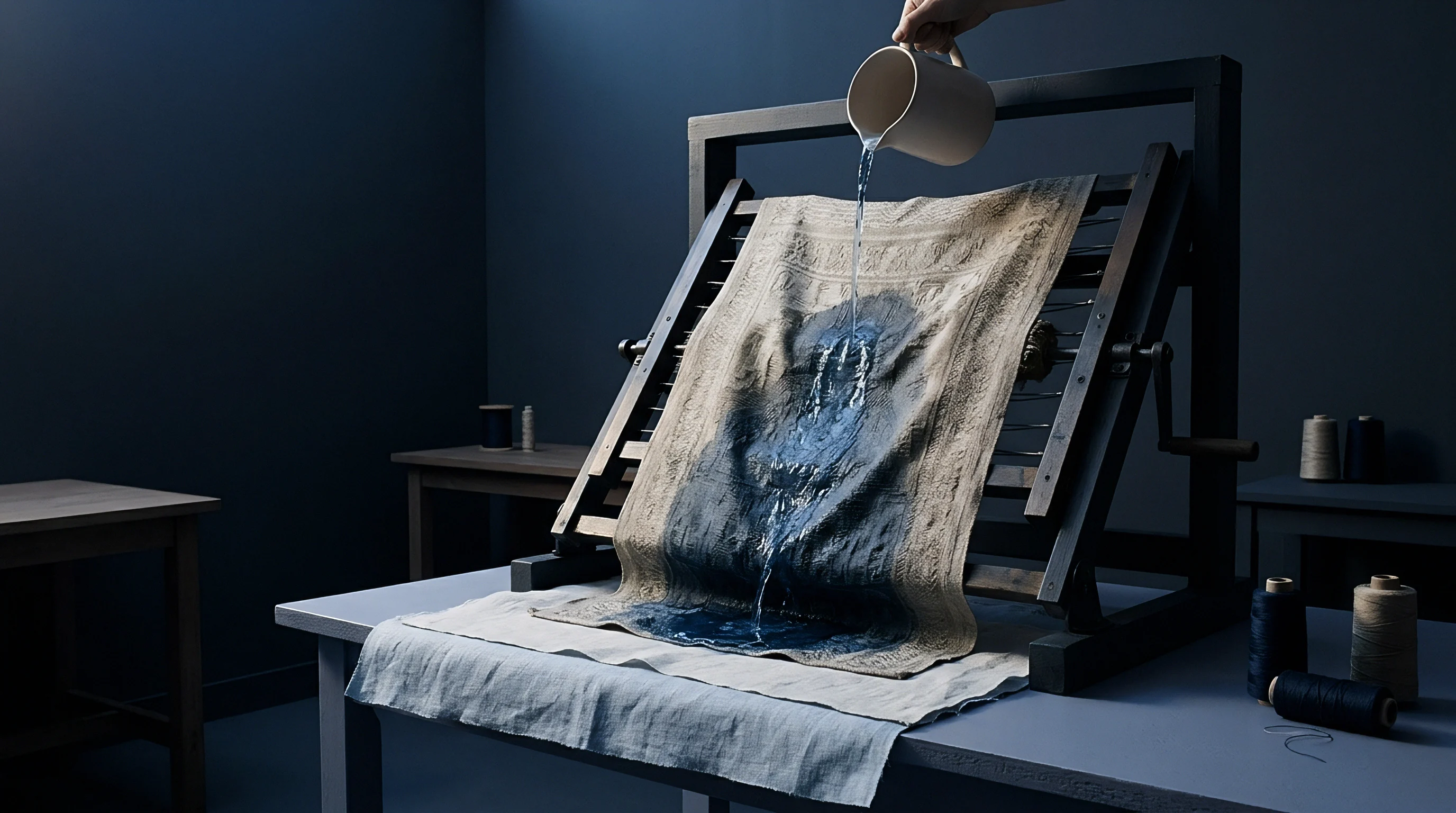 A digital render features woven linen cloth mounted on a wooden frame as indigo liquid flows over the natural textile inside a studio.