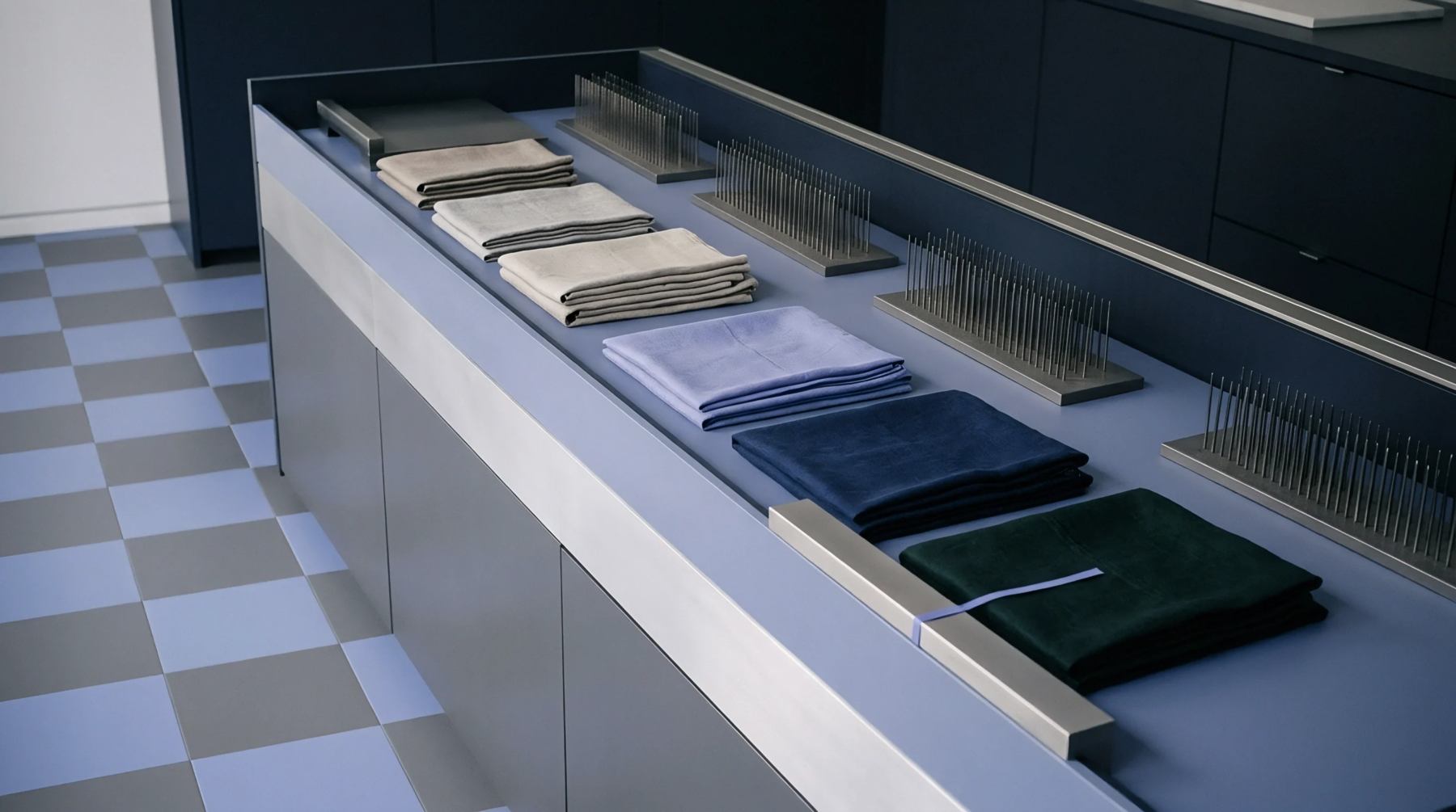 Digital render presents folded woven fabric samples arranged alongside vertical metal heckling combs upon a blue studio counter.