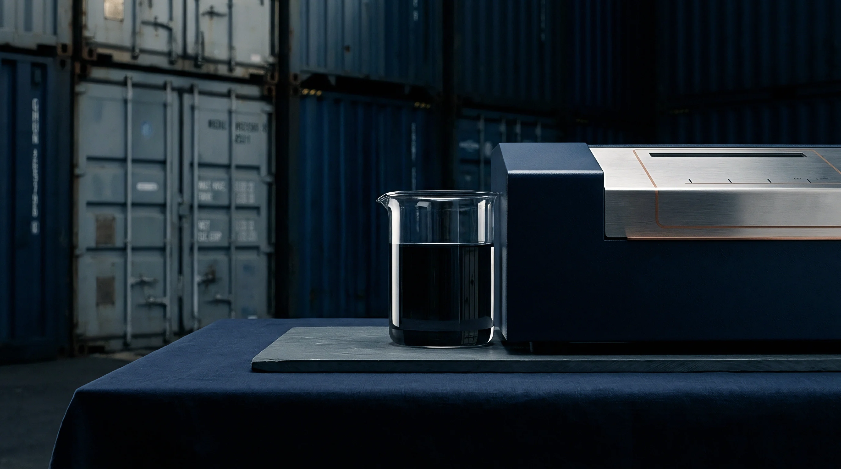 A glass beaker containing dark fluid rests beside a silver electronic analysis unit on a table before rows of shipping containers.