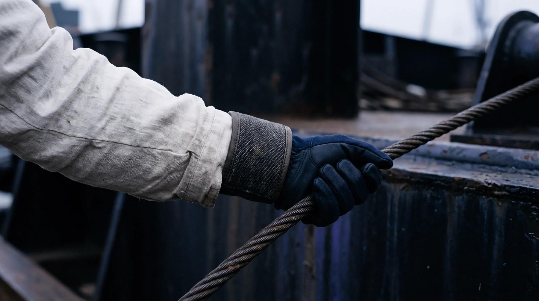 A long sleeve of coarse linen fabric covers an arm with a gloved hand gripping a metal wire rope on a vessel.