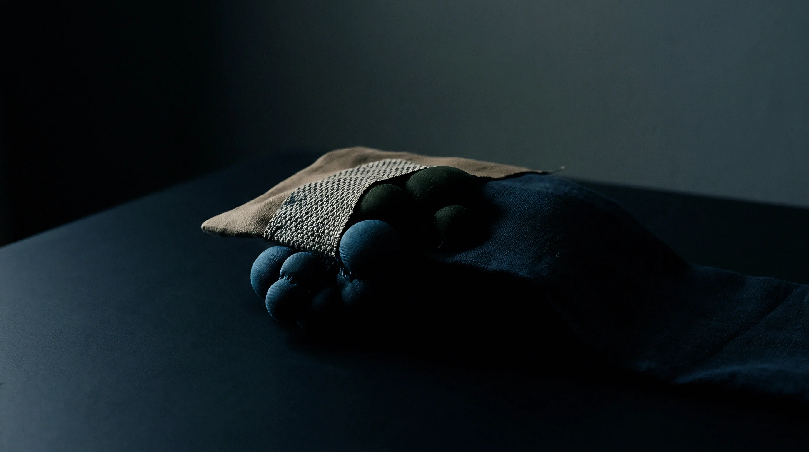 Dyed flax roving balls and a natural woven linen pouch rest on a dark surface during material preparation.