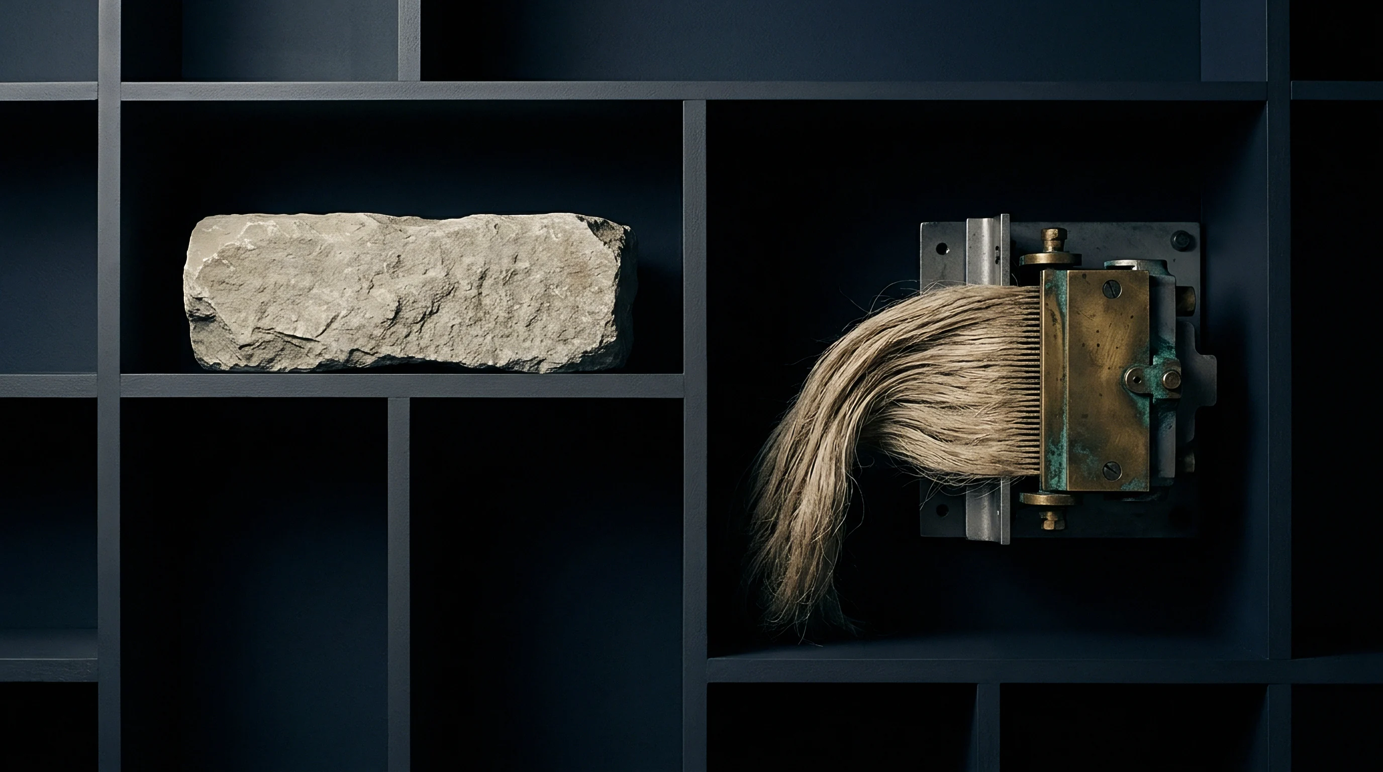 Raw flax fibres clamped within a metal industrial apparatus occupy a shelf adjacent to a solid limestone block.