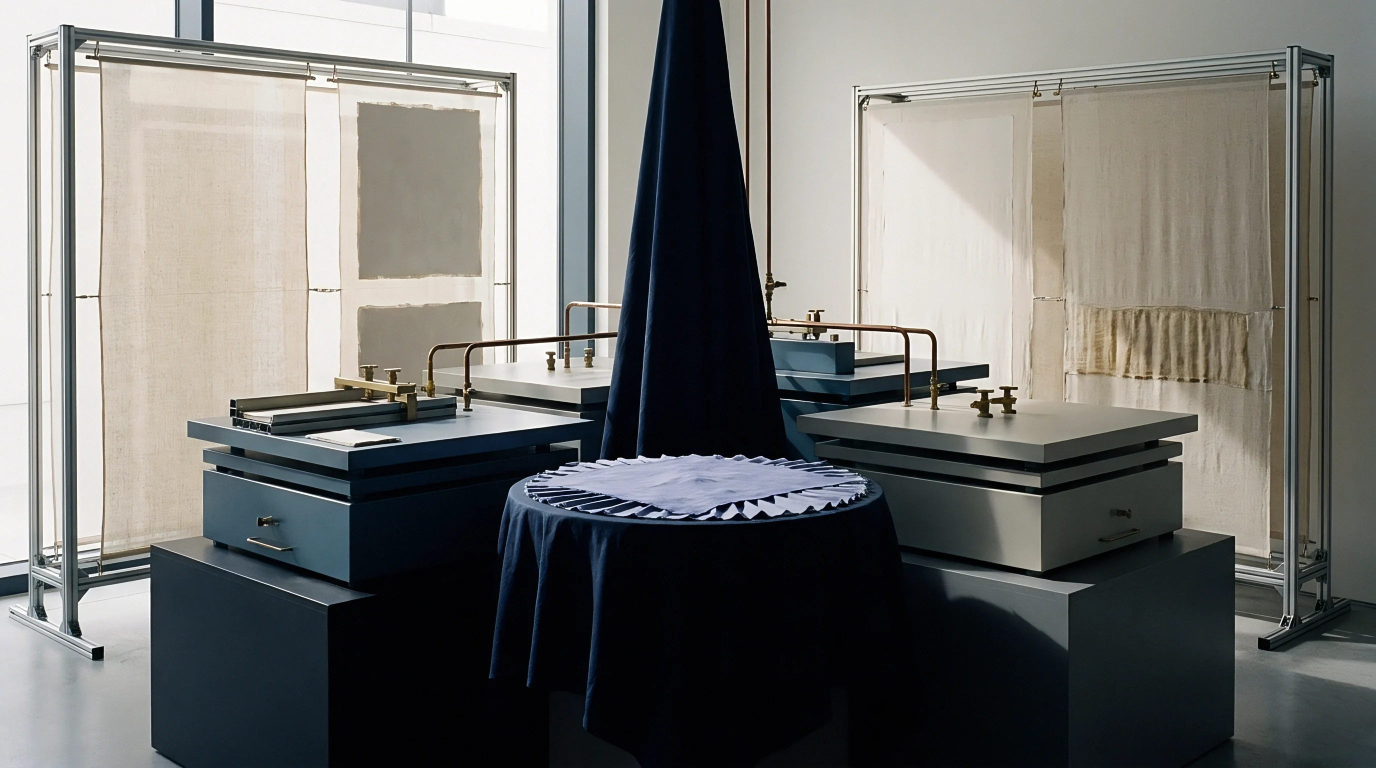 Flax processing machinery and woven linen fabric panels stand arranged inside a minimalist white walled industrial exhibition space.