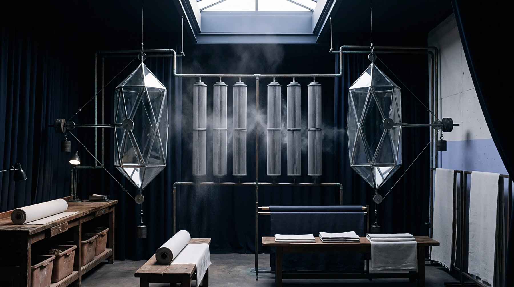 A digital render illustrates a workshop setting with vertical metal filters venting steam between suspended geometric glass structures and rolls of finished textile.