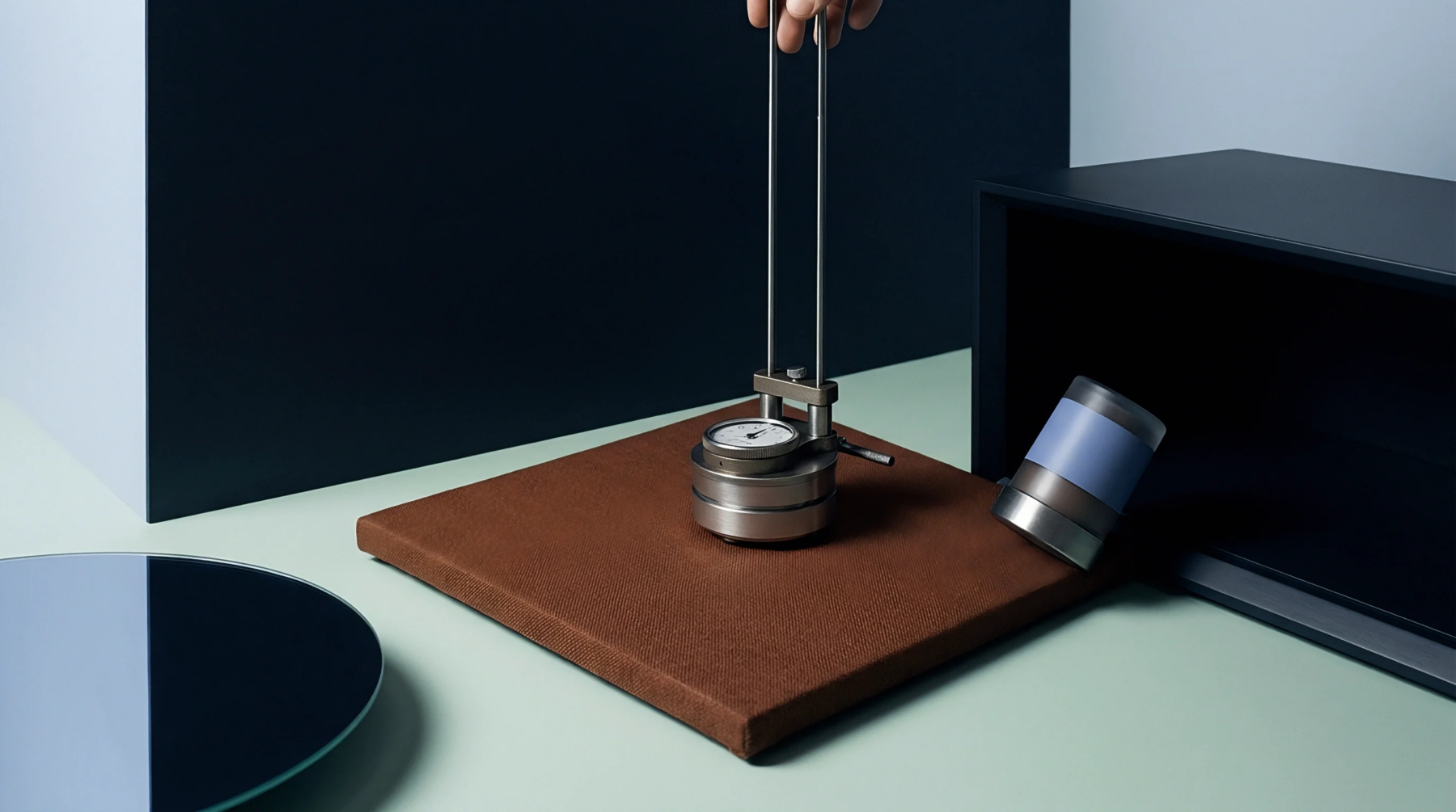 A precision thickness gauge rests upon a heavy woven flax textile sample inside a structured production testing laboratory.