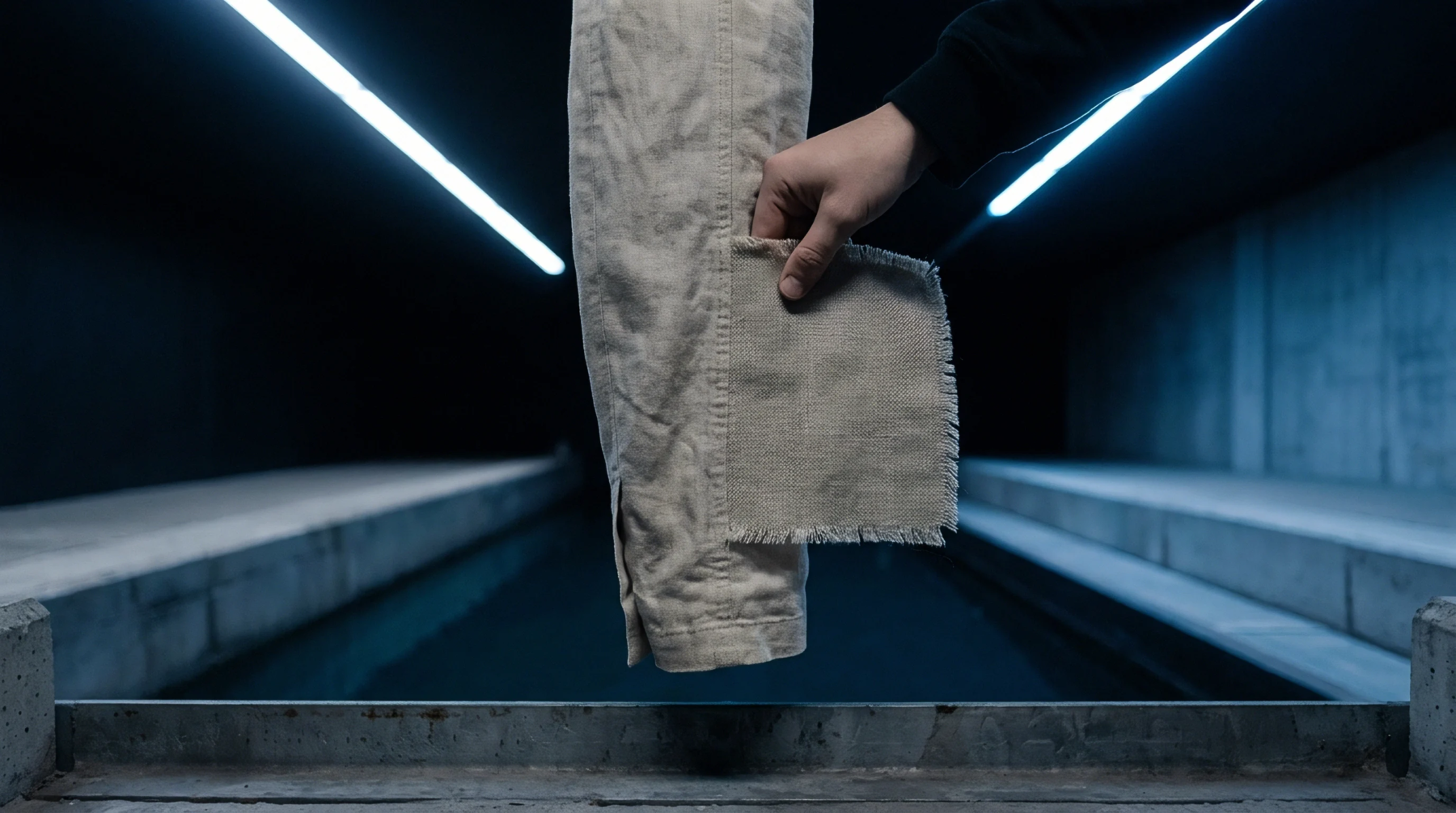 A gloved hand holds a fringed woven linen fabric swatch against a raw flax trouser leg inside a dark industrial production facility.