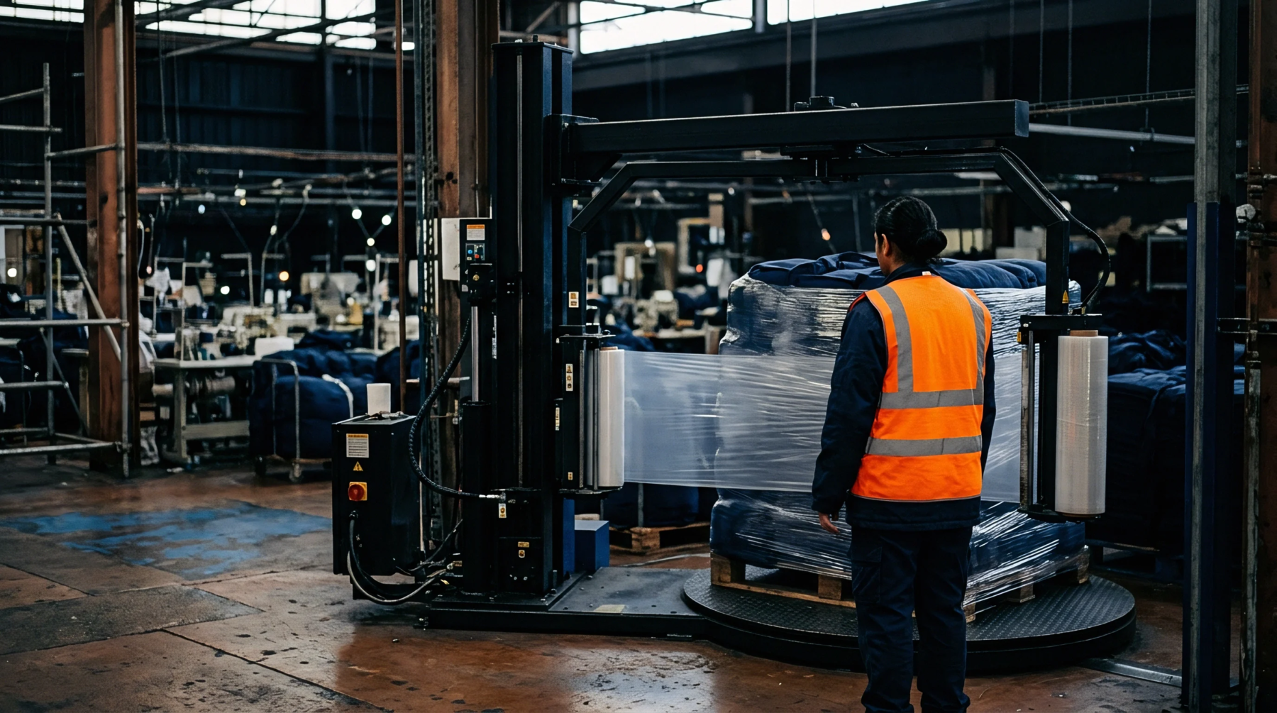 An operator wearing high visibility gear supervises a stretch wrapping machine securing textile bales inside a manufacturing plant.