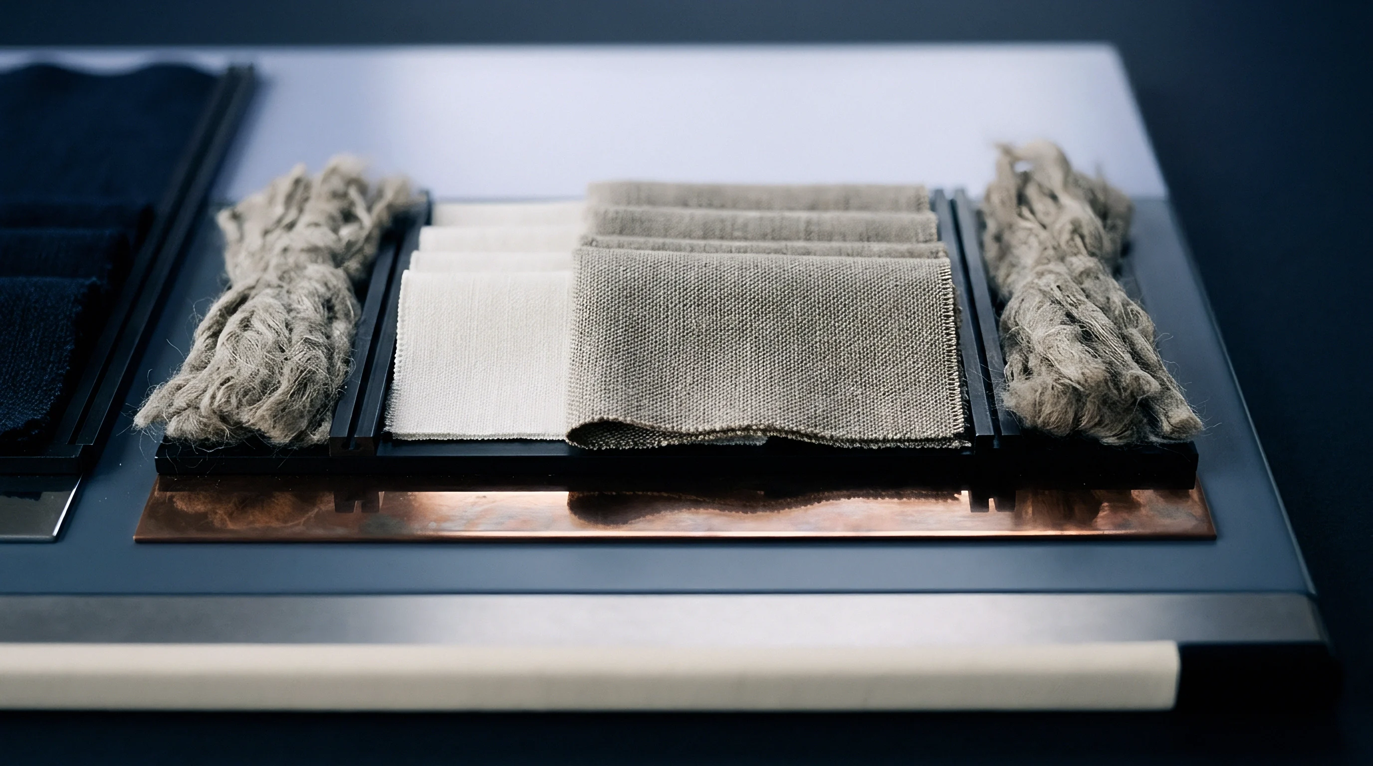Raw flax fiber bundles lie beside stacked woven linen swatches in light and natural tones atop a dark display board with a horizontal copper strip.