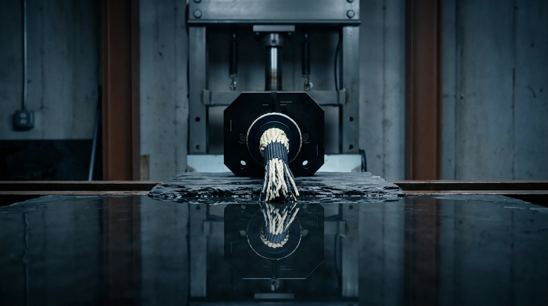A heavy industrial hydraulic press clamps a braided flax fiber rope above a reflective dark surface inside a concrete workshop.