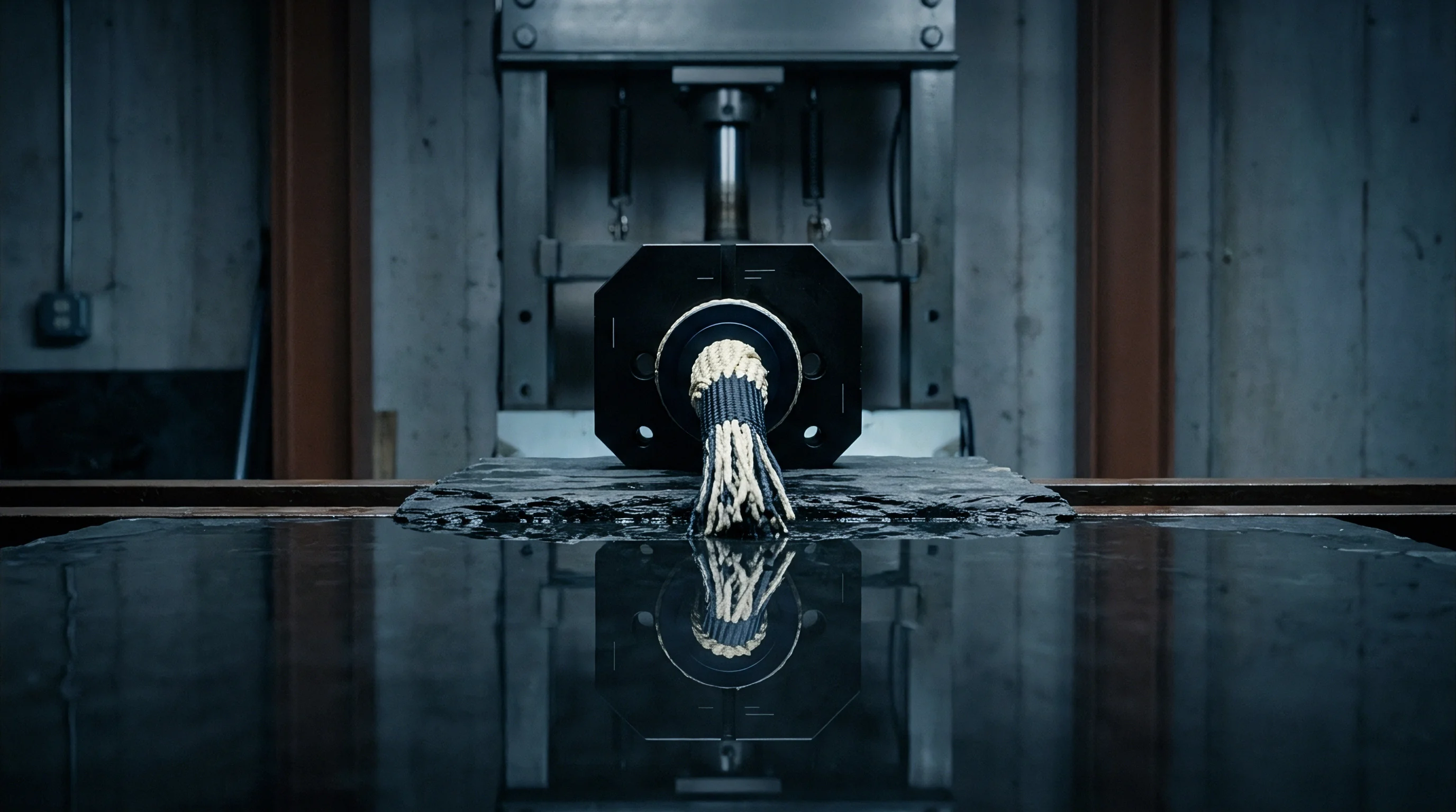 A heavy industrial hydraulic press clamps a braided flax fiber rope above a reflective dark surface inside a concrete workshop.