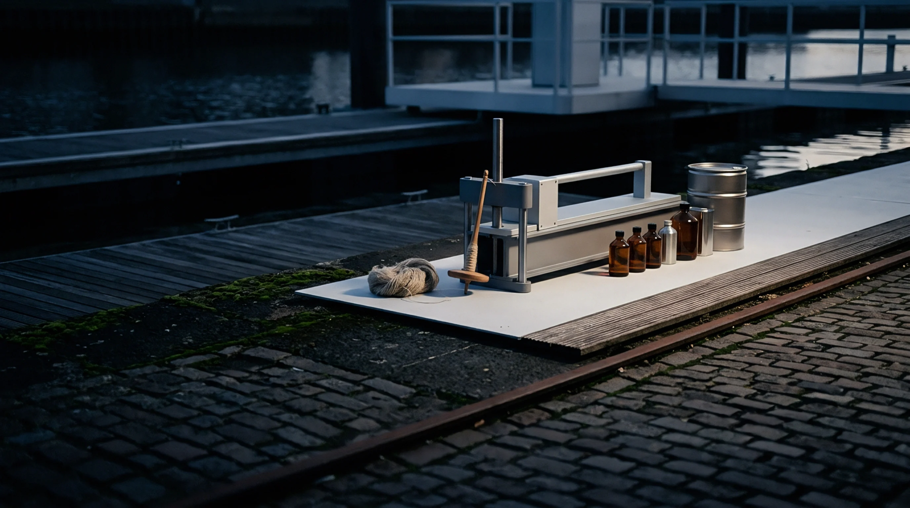 Metal mechanical pressing equipment, raw flax fibers, spun yarn, and testing bottles rest on a quay beside dark water.