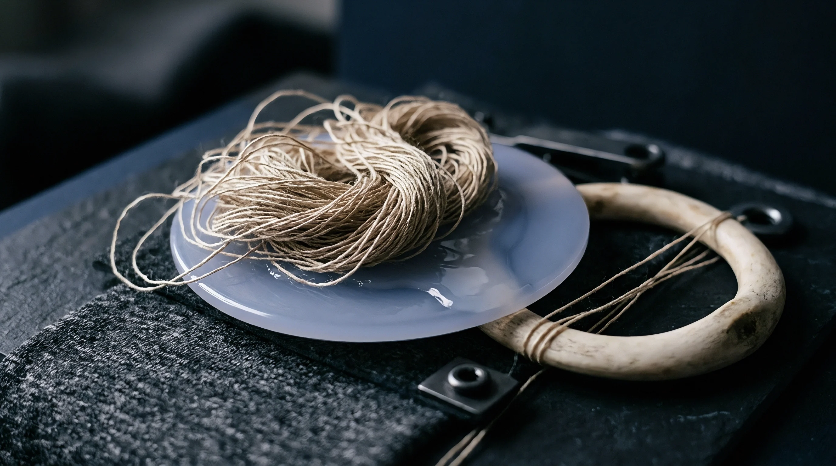 Raw flax fibre hanks rest beside a carved wooden tension ring atop a slate work surface near woven fabric.