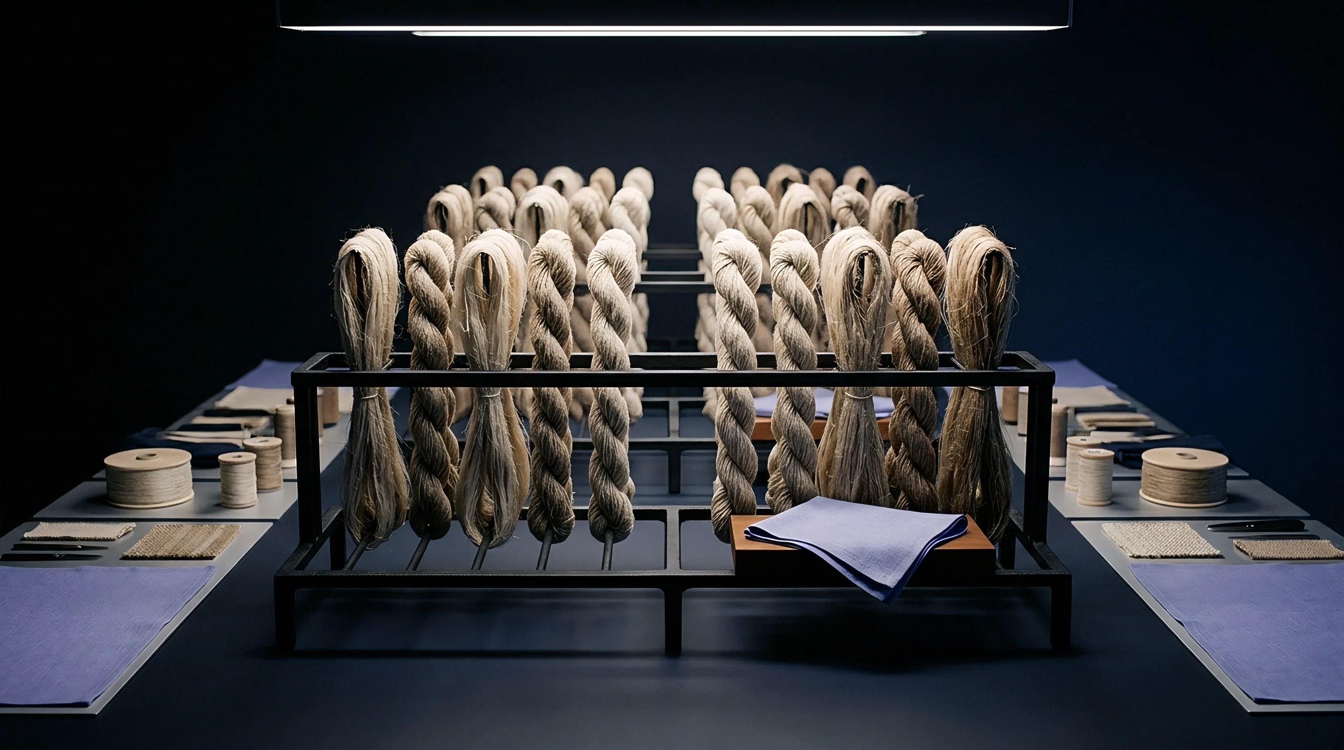 Twisted and loose hanks of raw flax fibre hang from metal display frames arranged symmetrically on a dark worktable.