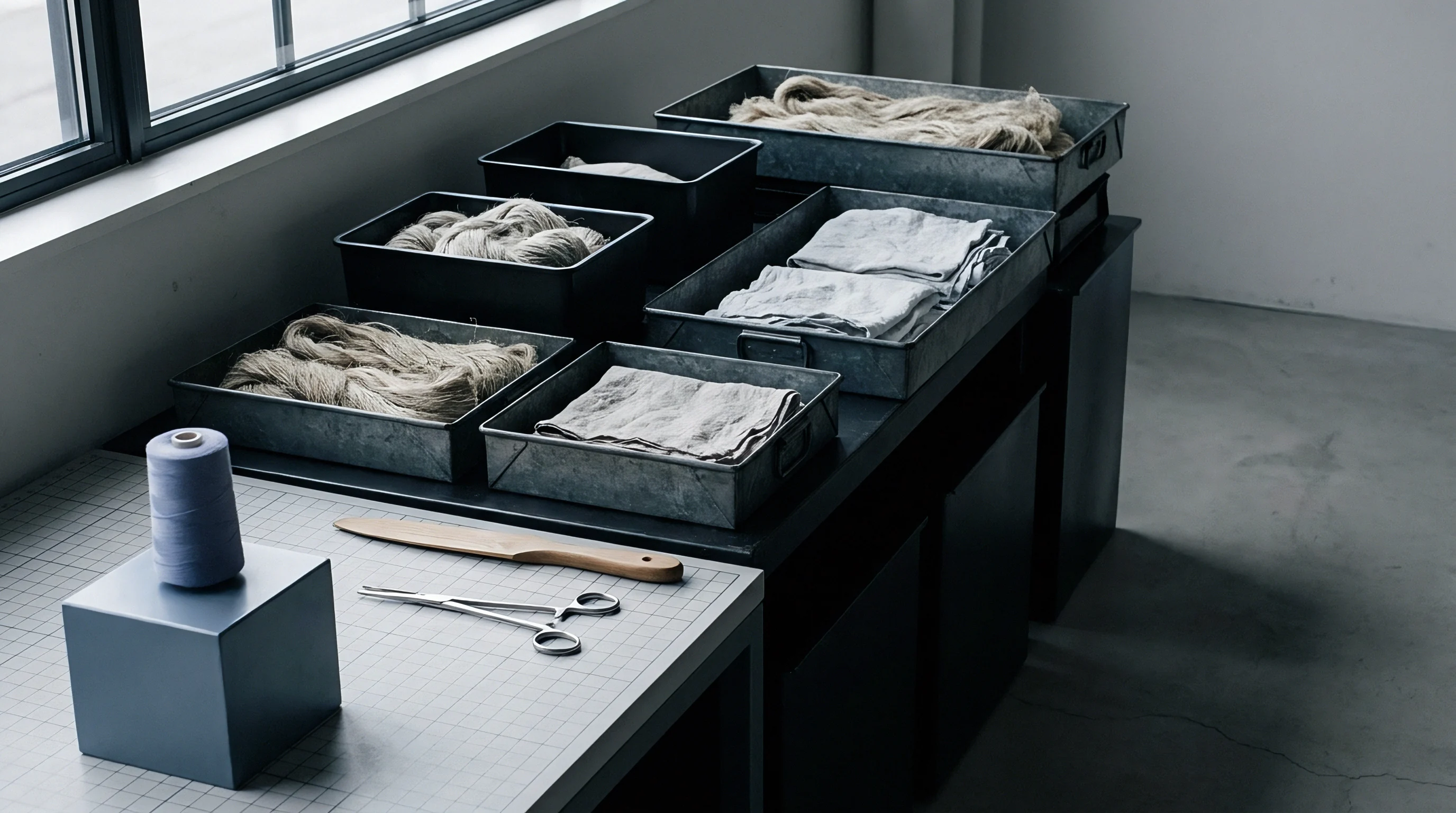 Raw flax fibers in metal bins and folded linen fabric rest alongside spinning yarn on a workbench inside a production studio.