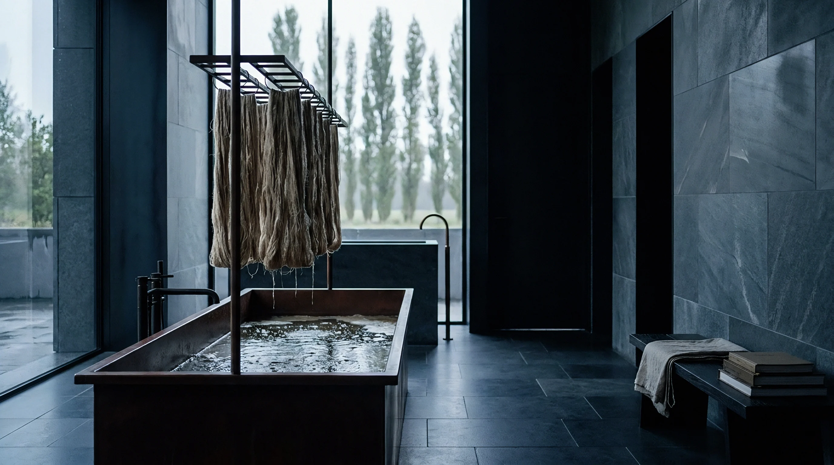 Bundles of raw flax fibre hang suspended above a wooden bath filled with water in a contemporary, stone-tiled room with large windows.