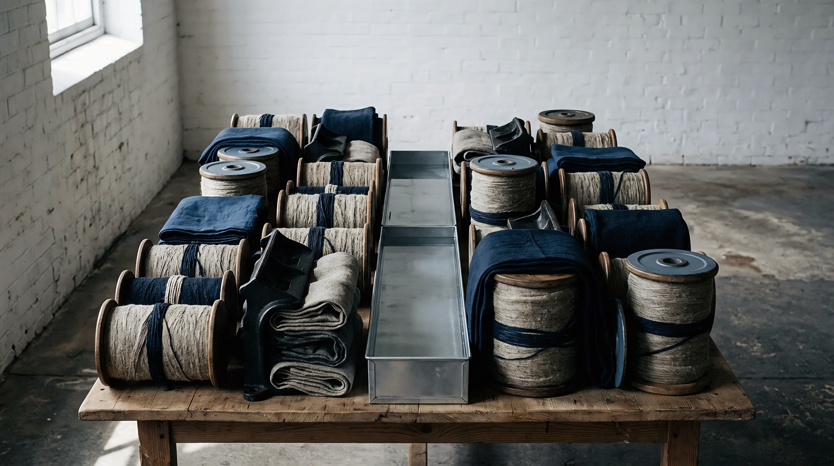 An organized array of wooden spools carrying natural and indigo dyed linen yarn stands beside folded linen cloth on a rustic timber work table.