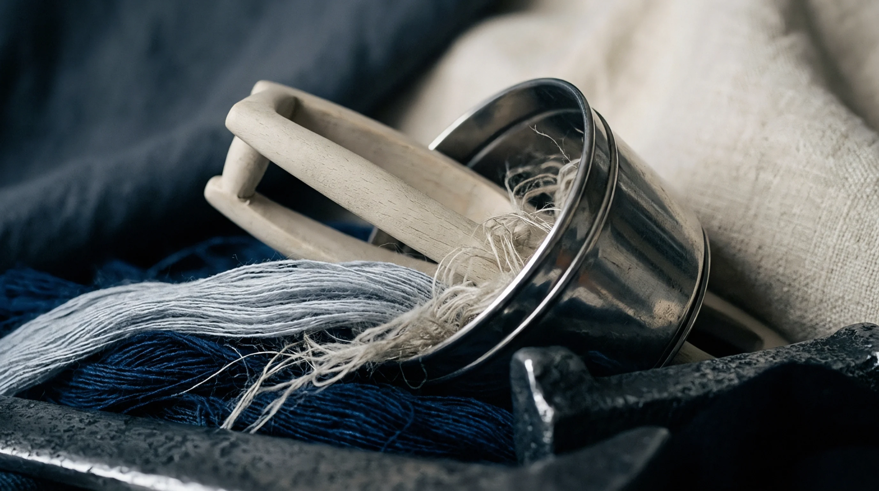 Several spools of flax linen thread in blue and grey tones rest with wooden and metal processing tools on rough woven fabric.