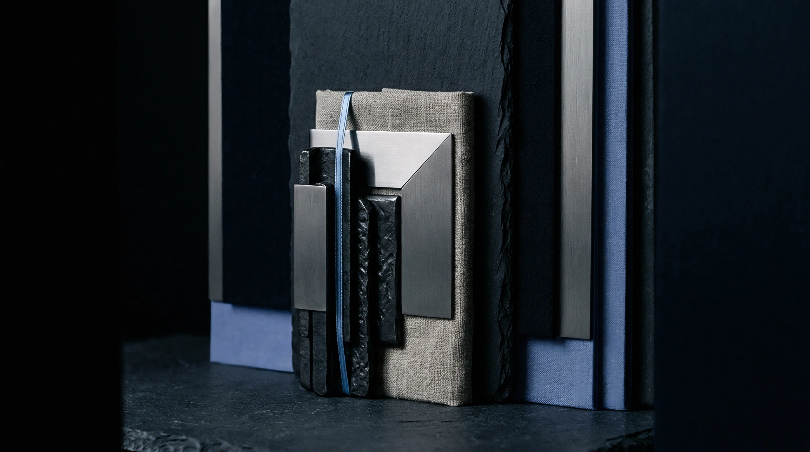 A textured grey linen woven textile piece is centrally arranged with dark metal and rough slate components.