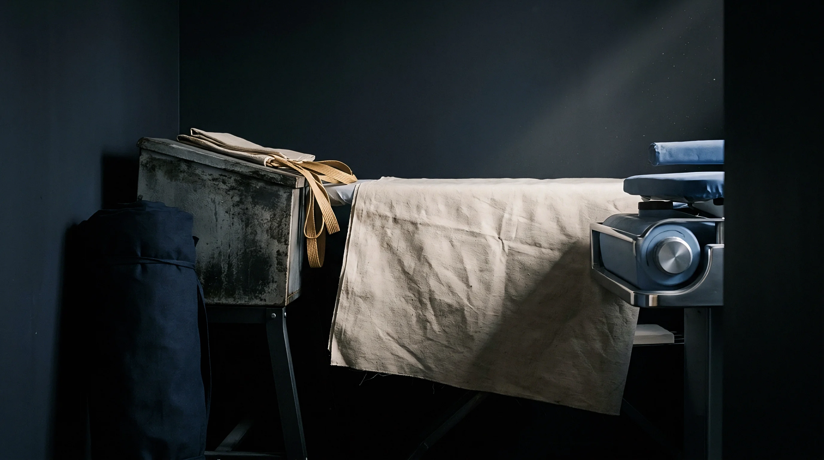 An unbleached linen fabric drapes over an industrial ironing board alongside a metal canister and a rolled textile in a dark workshop.